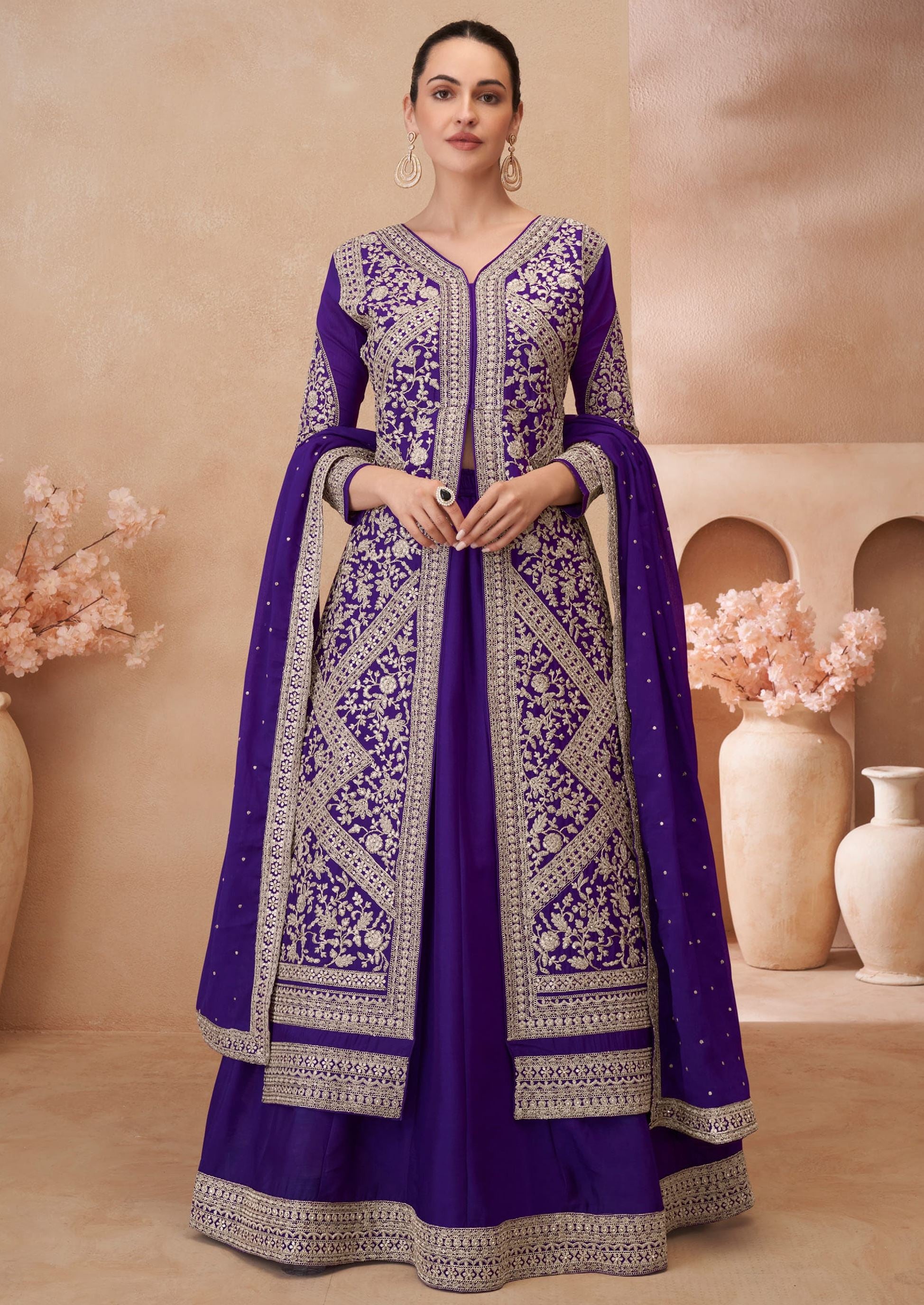 Purple Top-Lehenga With Embroidery With Sequins Work (Free Size Stitched Upto 42)