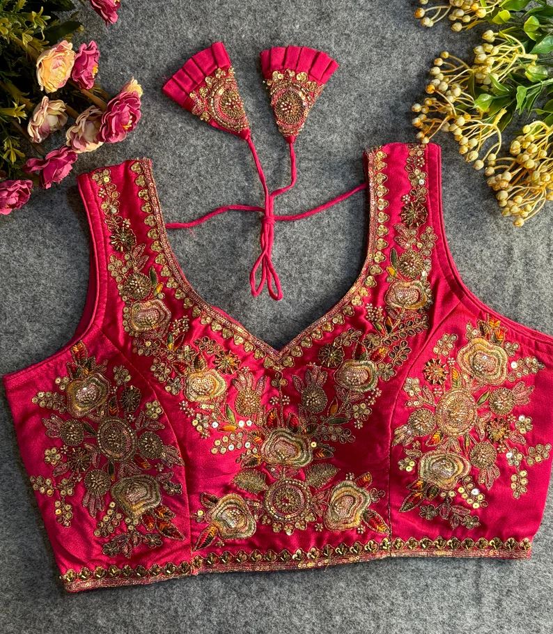 Rani Embroidered Blouse with Gold Work & Sleeves attached