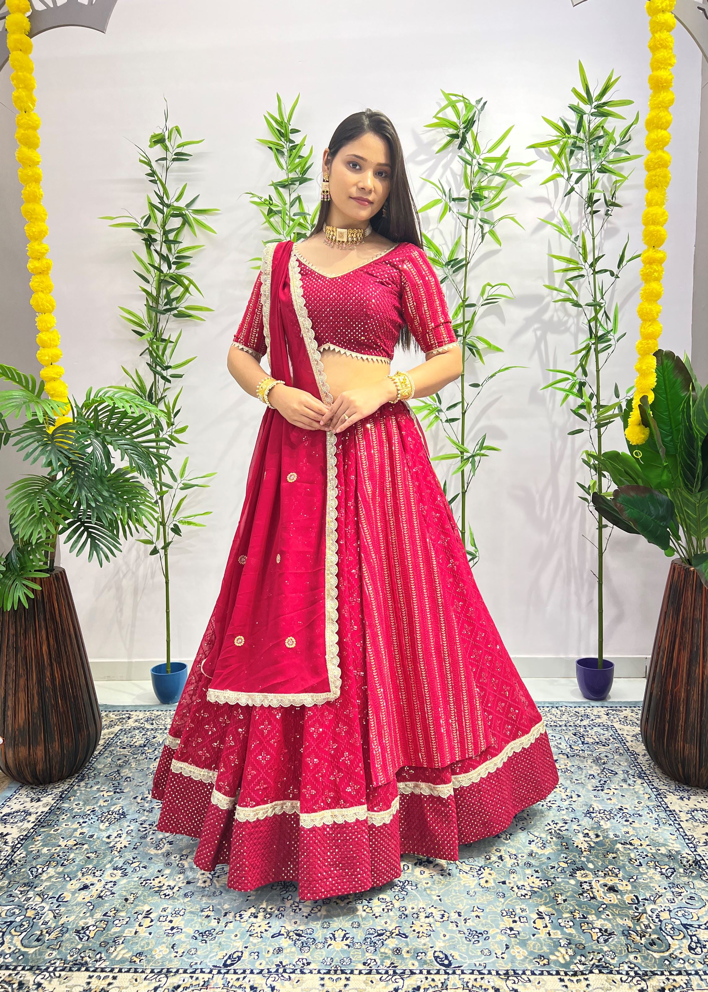 Rani Pink Lehenga Choli With Heavy Embroidery Thread Sequins Work