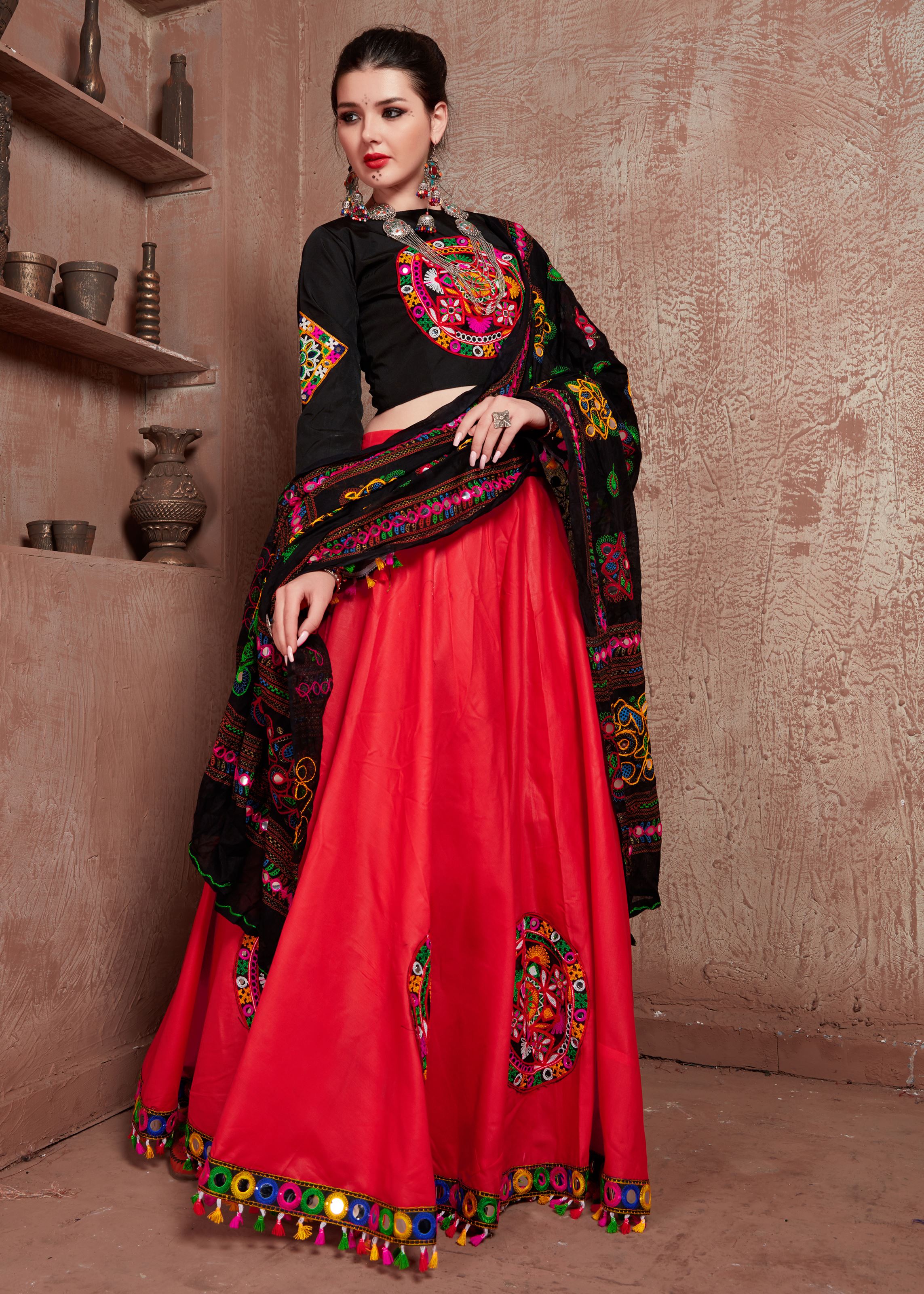 Red And Black Navratri Chaniya Choli With Gamthi Work Butta And Tassels Lace