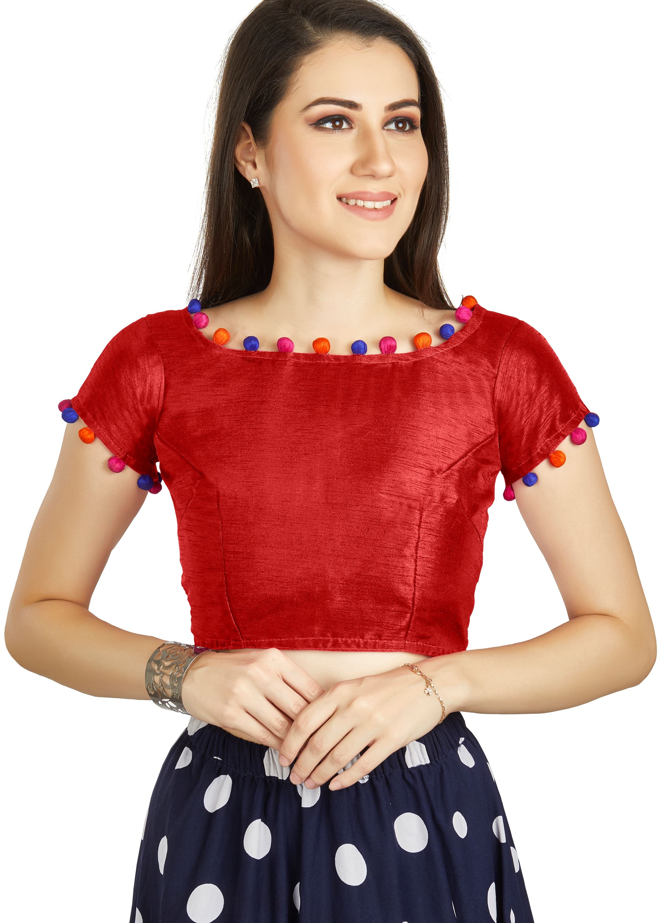 Red Art Silk Boat Neck Blouse With Potli Design In Neck Or Sleeve