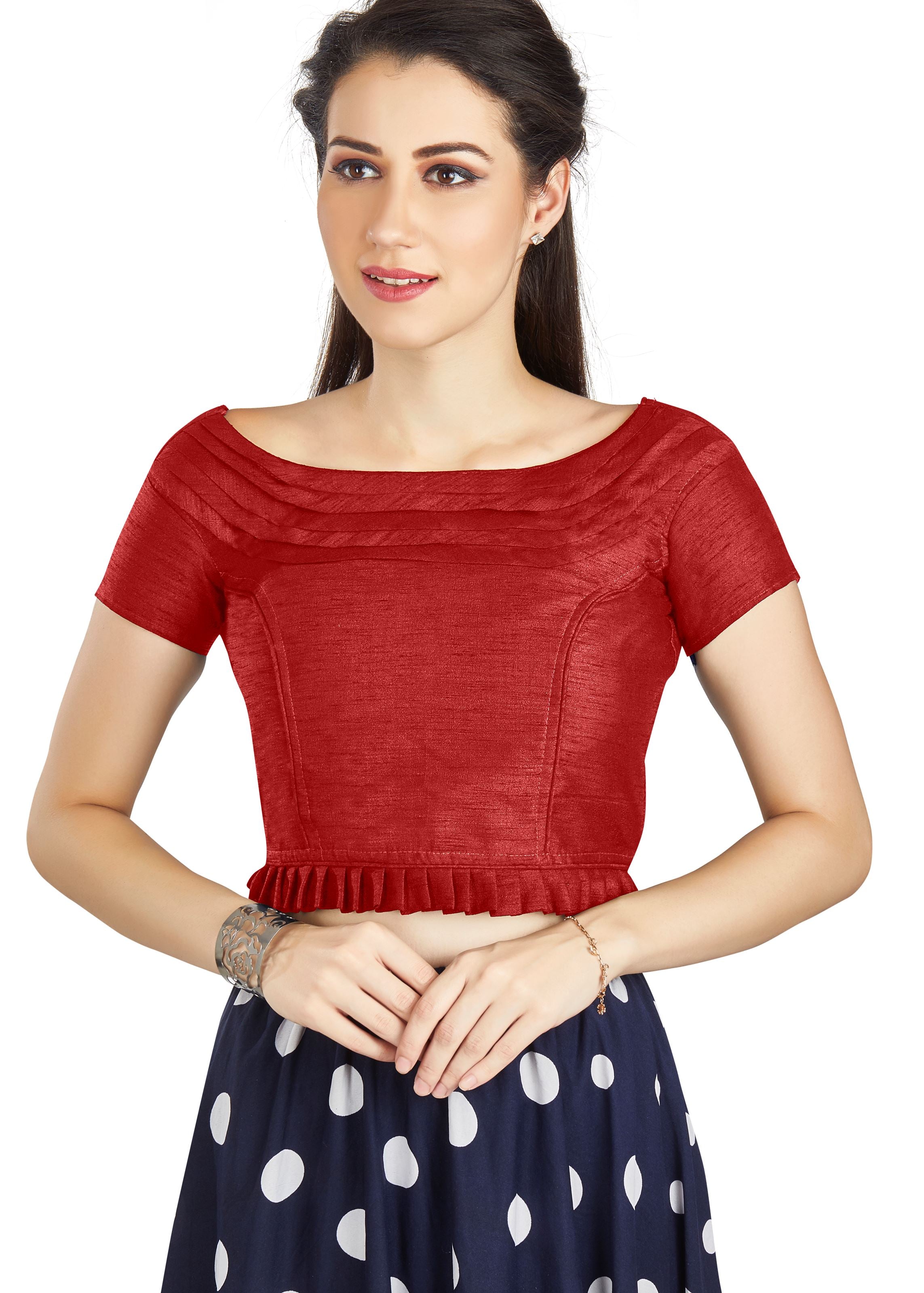 Red Art Silk Pleated Boat Neck Blouse With Princece Blouse