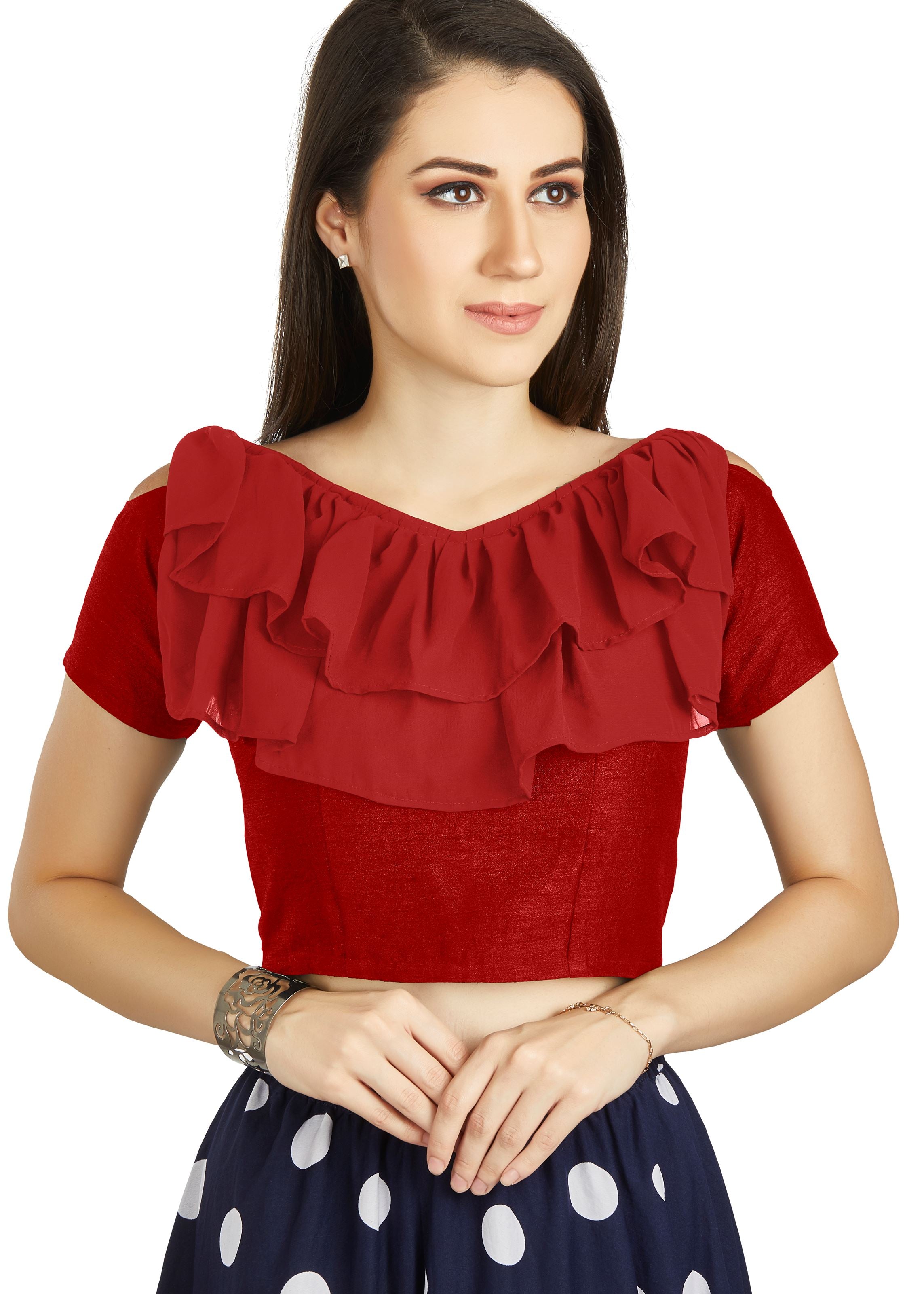 Red Art Silk V Neck Blouse With Frill neck Work