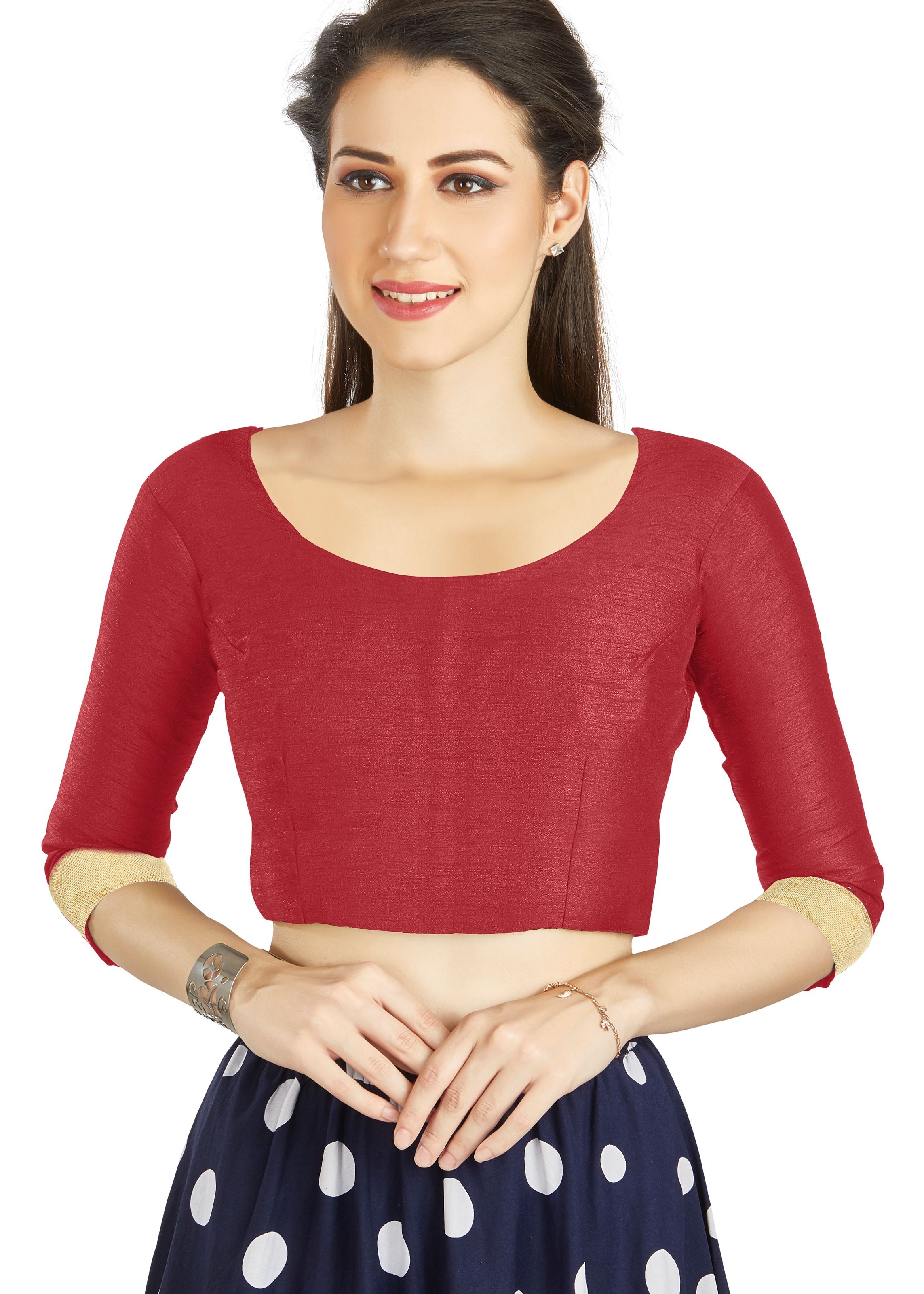Red Art silk U Neck Blouse With Matty Work In Sleeve