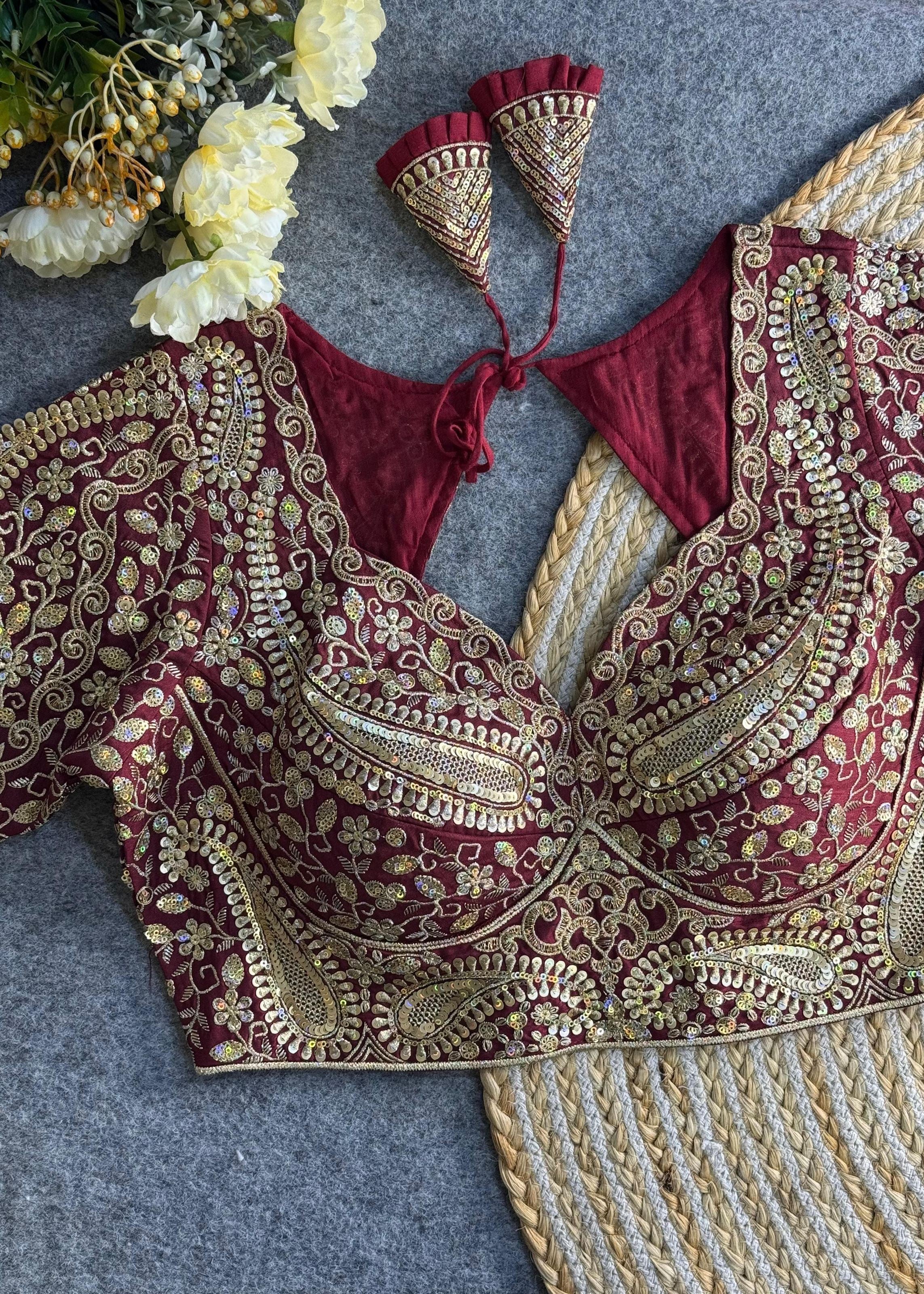 Red Bridal Blouse with Deep V-Neck & Heavy Paisley Embroidery