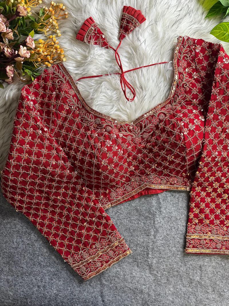 Red Bridal Blouse with Full Sleeves U Neck Heavy Floral Sequin Work