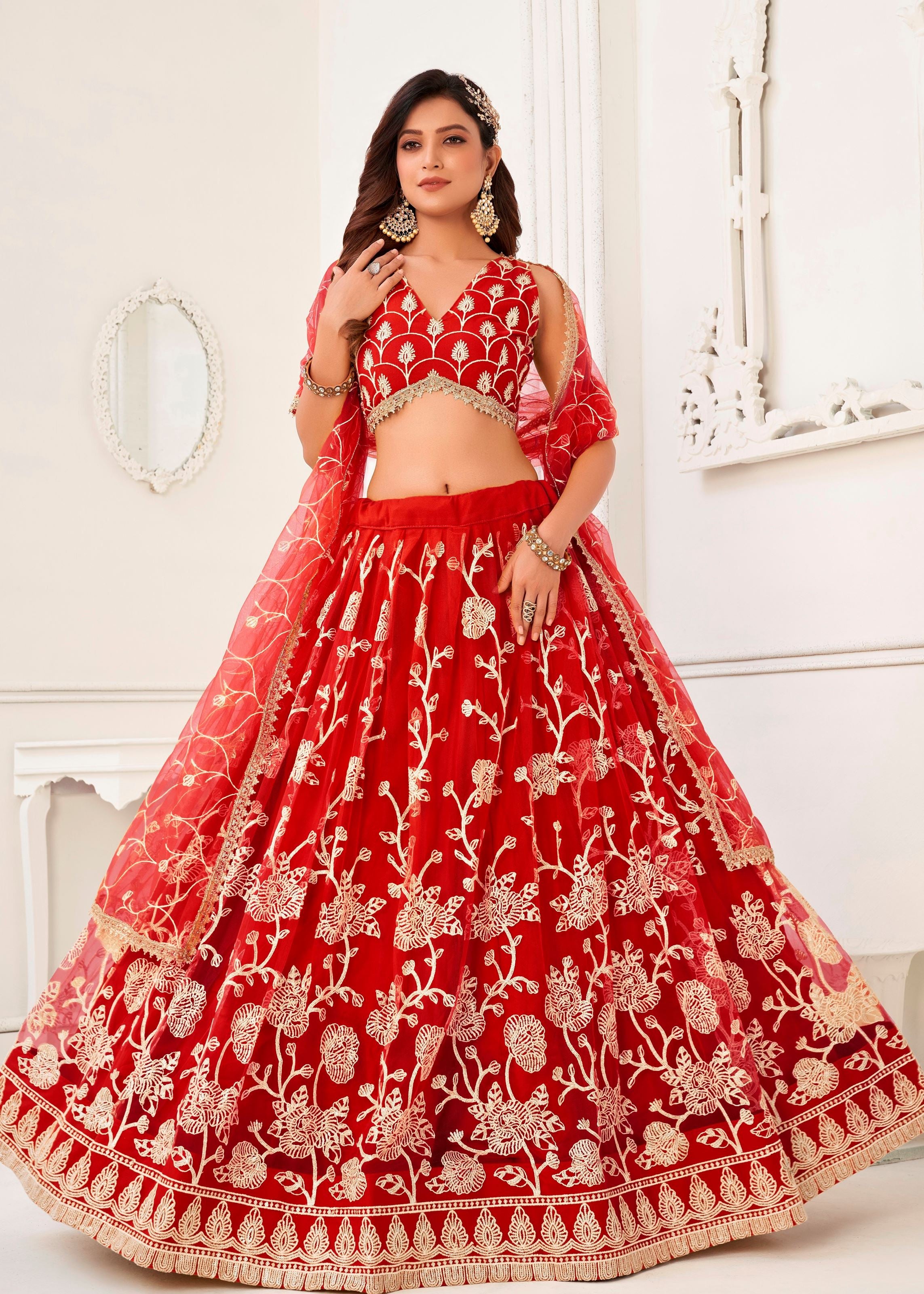 Red Butterfly Net Lehenga Choli With Embroidery And Sequins Work