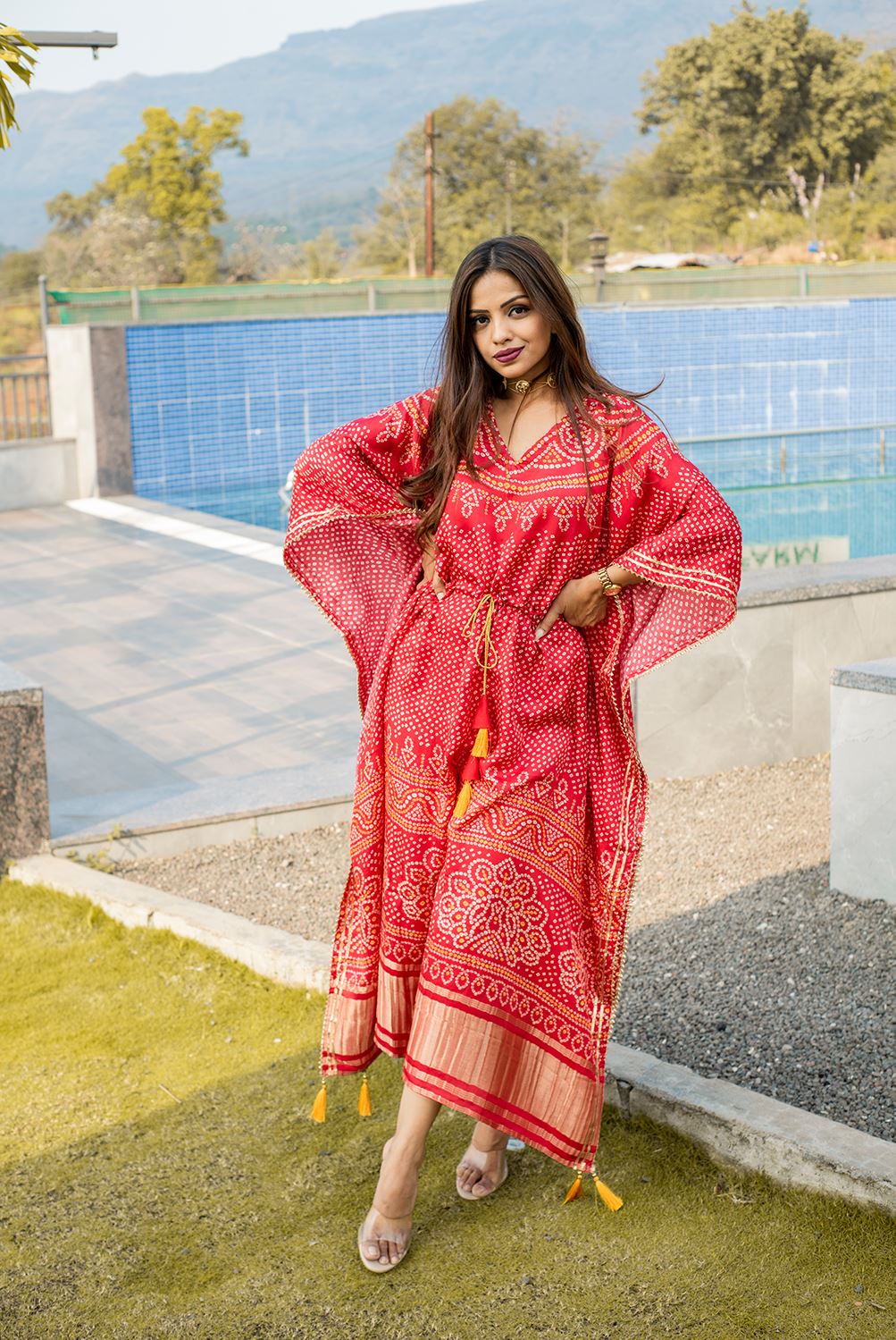 Red Color Pure Gaji Silk Kaftan with Gotta Patti Tassels
