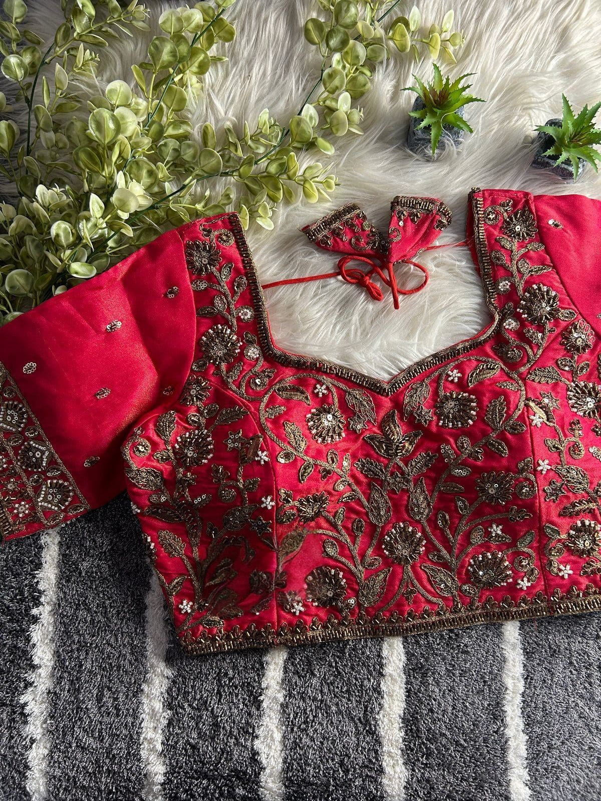 Red Designer Embroidered Silk Blouse with Zari & Sequin Work