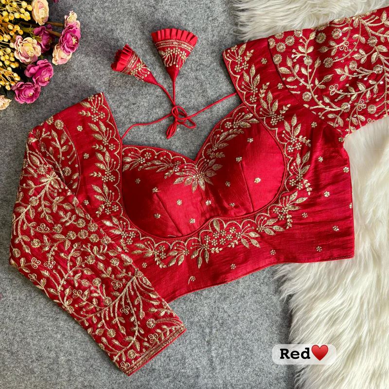 Red Embroidered Blouse with Puff Sleeves & Zari Work
