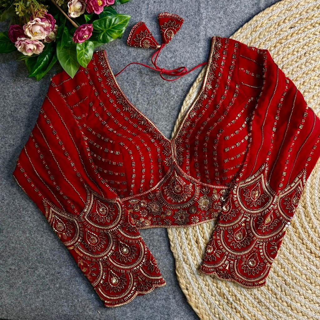 Red Georgette Blouse with Heavy Thread Embroidery Sequins Work