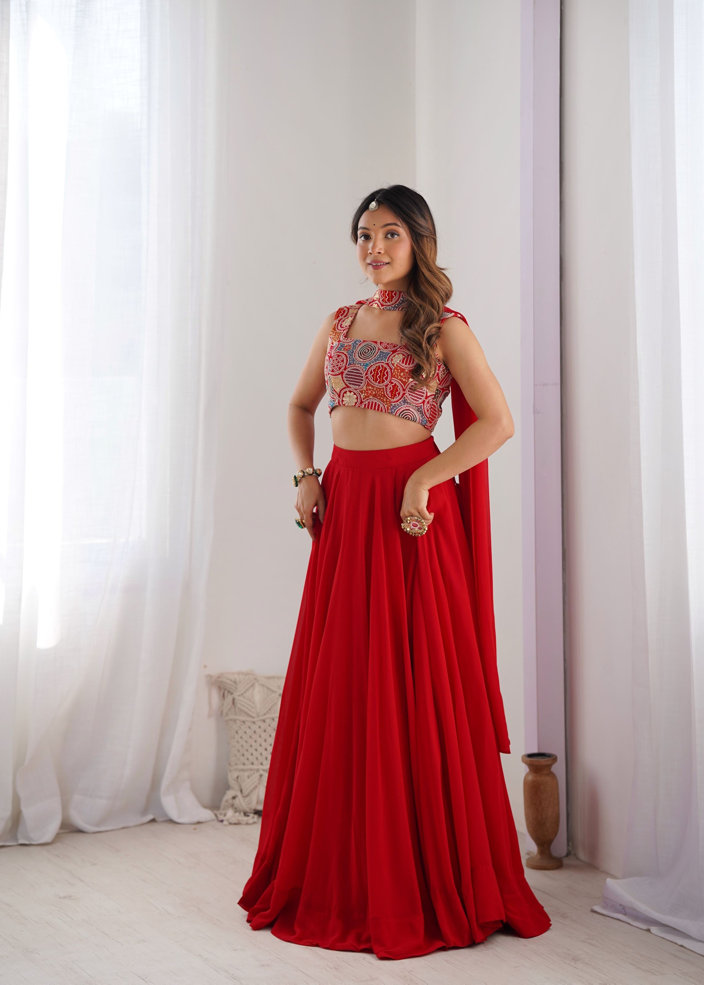 Red Georgette Lehenga with 9 Needle Embroidery Dori Jari Work