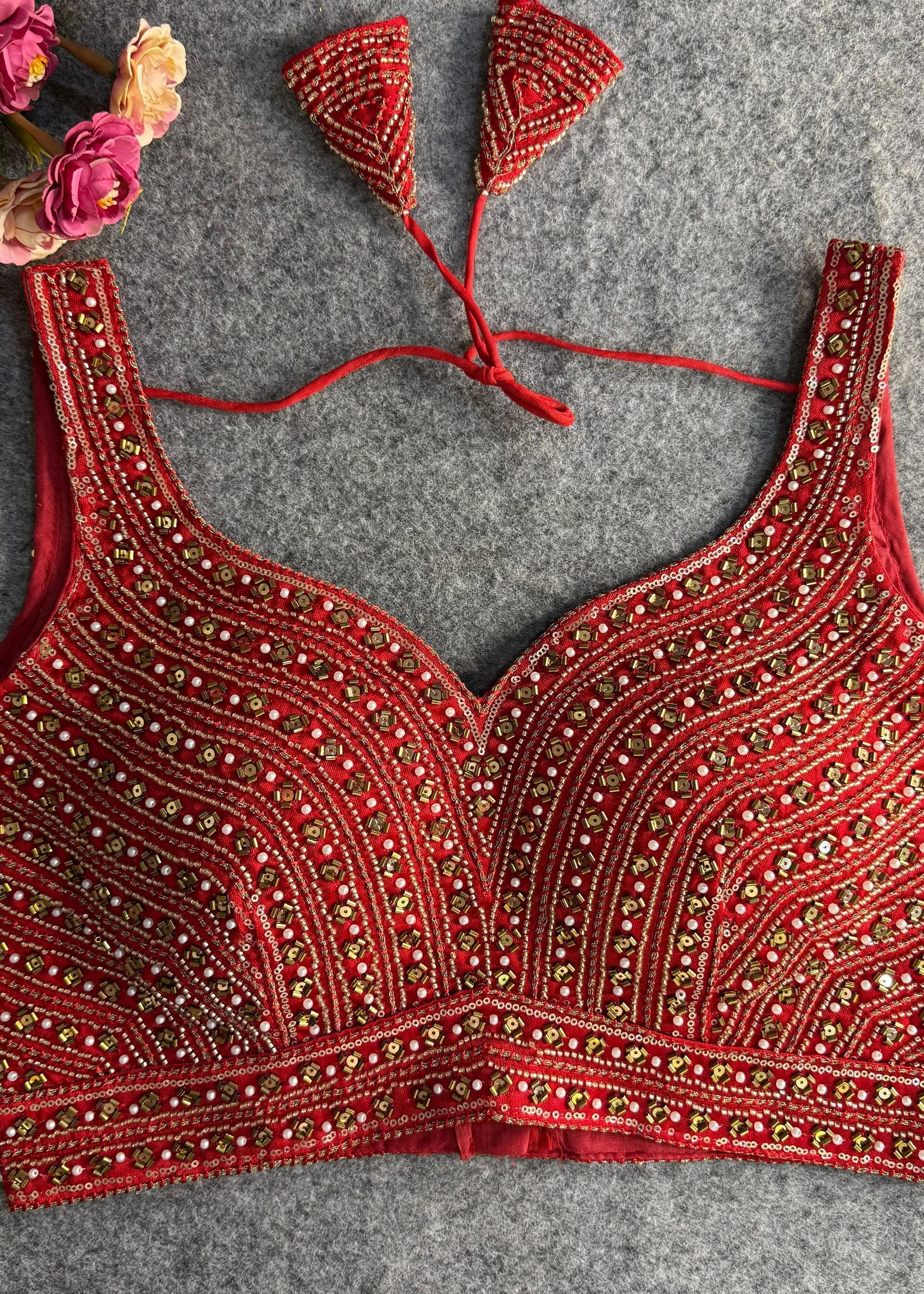 Red Hand Embroidered Mirror Work Designer Blouse