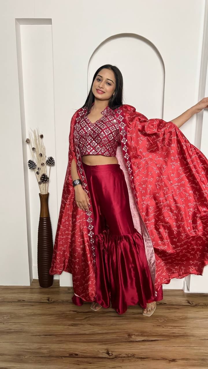 Red Lehenga Choli With Digital Print & Paper Mirror Border Work