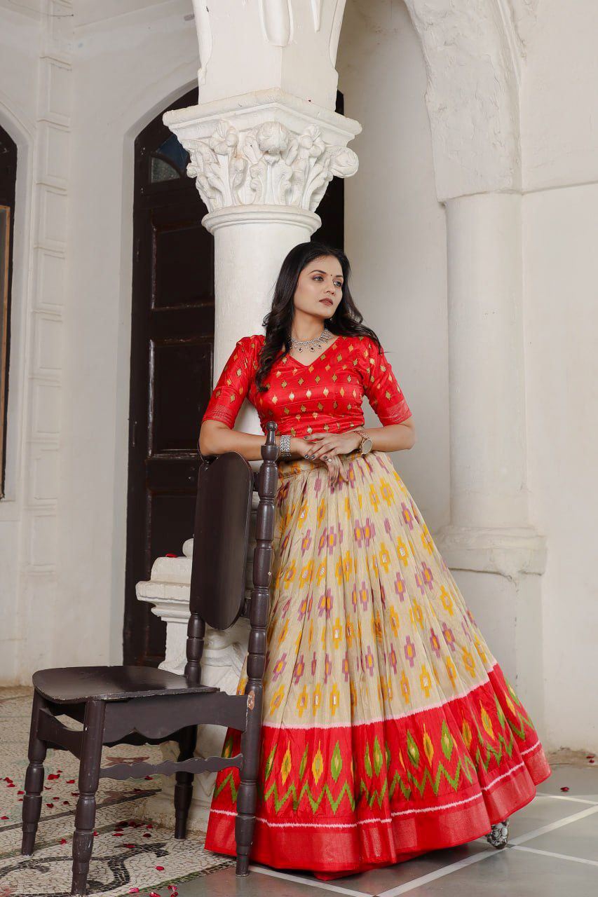 Red Lehenga Choli With Patola Print and Foil Work Belt