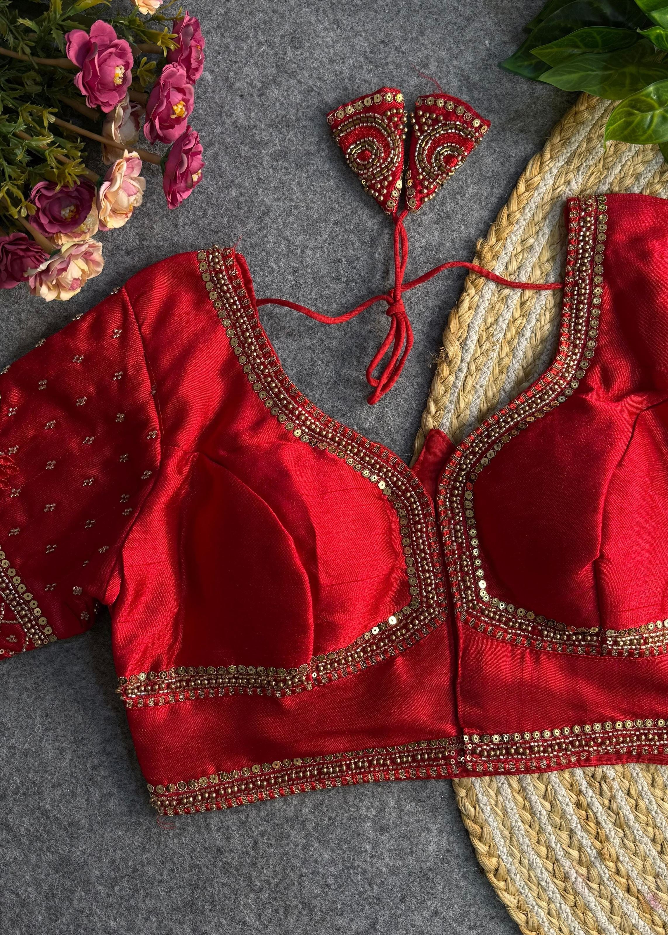 Red Sabyasachi-Inspired Heavy Bridal Blouse with Exquisite Lotus Beads Embroidery