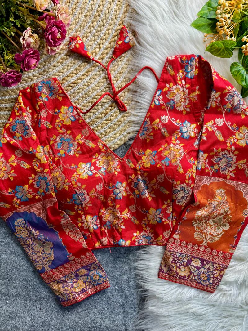 Red Soft Dola Silk Blouse with Woven Motifs & Full Sleeves