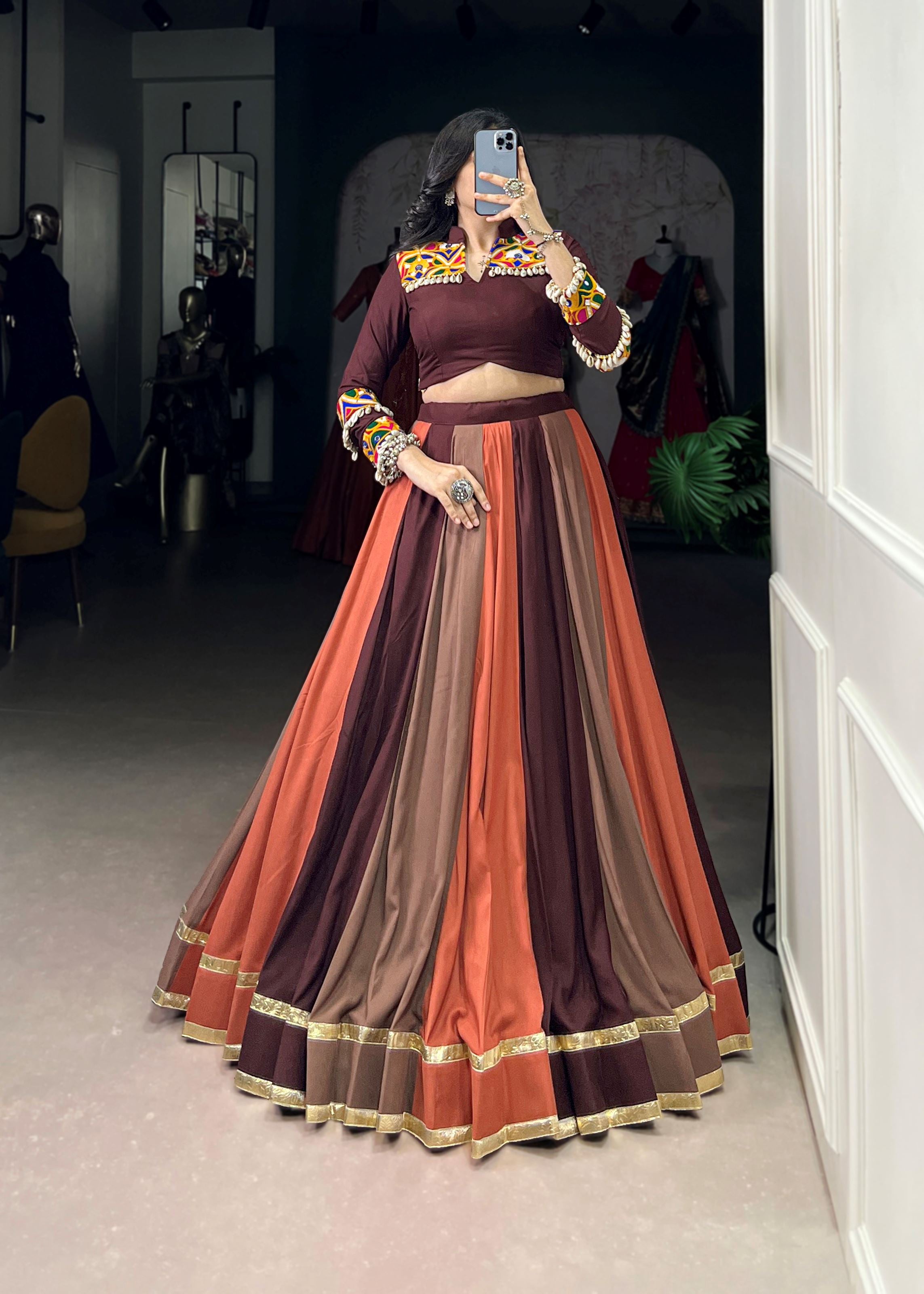 Rosewood Embossed Rayon Lehenga Choli with Elegant Lace Finish