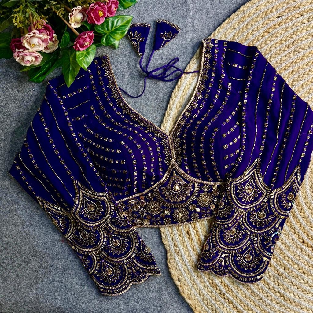 Royal Blue Georgette Blouse with Heavy Thread Embroidery Sequins Work