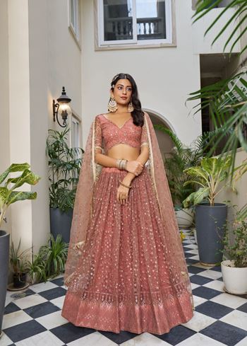 Rust Net Lehenga Choli With Thread Embroidery Work