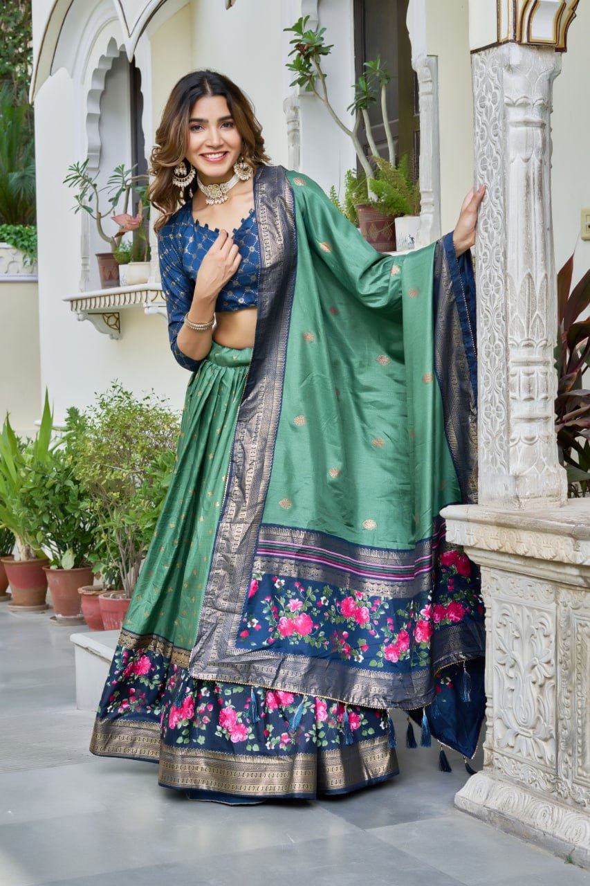 Seagreen Lehenga Choli With Bandhej and Ajrakh Print