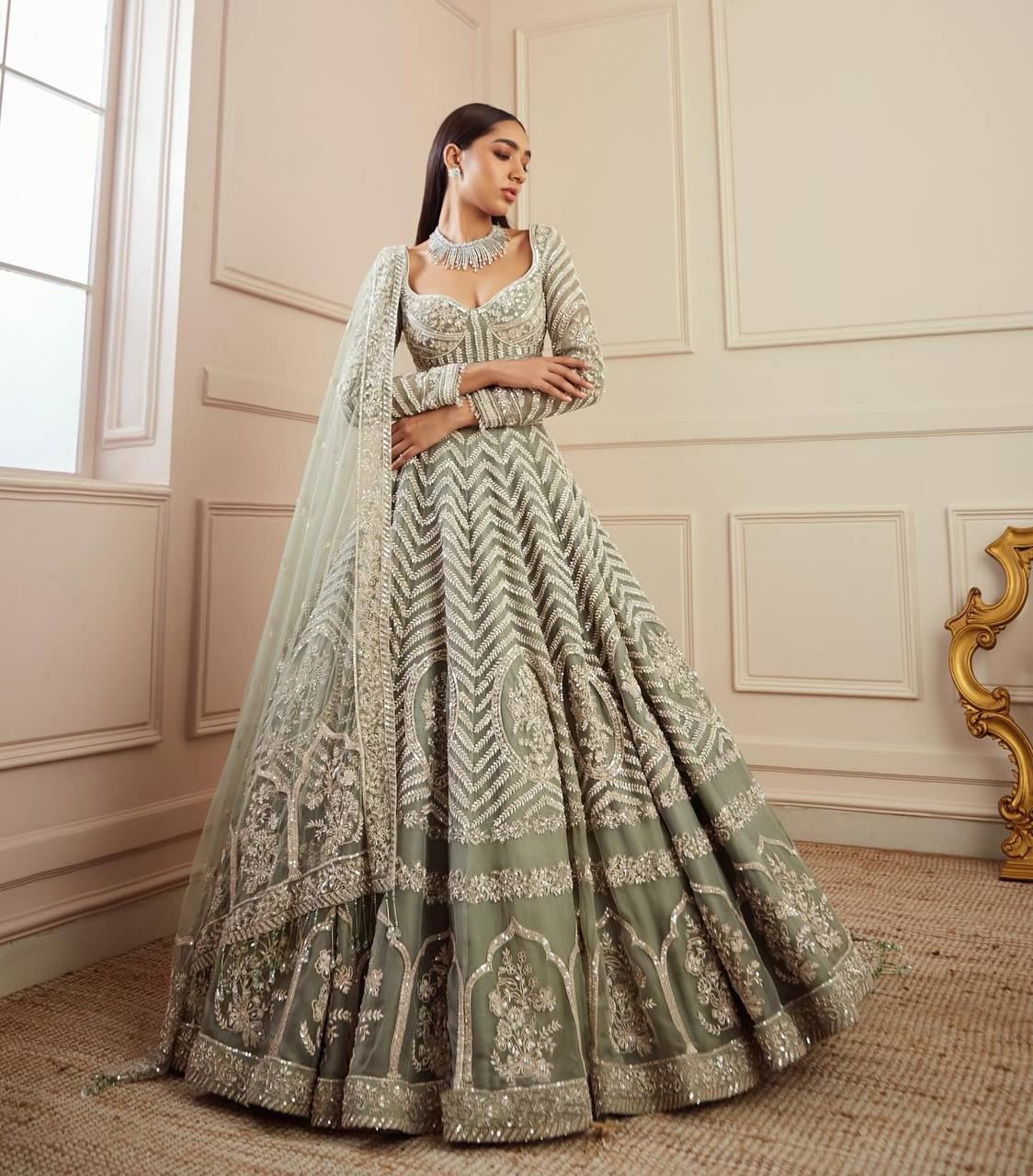 Seagreen Lehenga Choli with Heavy Sequins, Dori & Zari Work