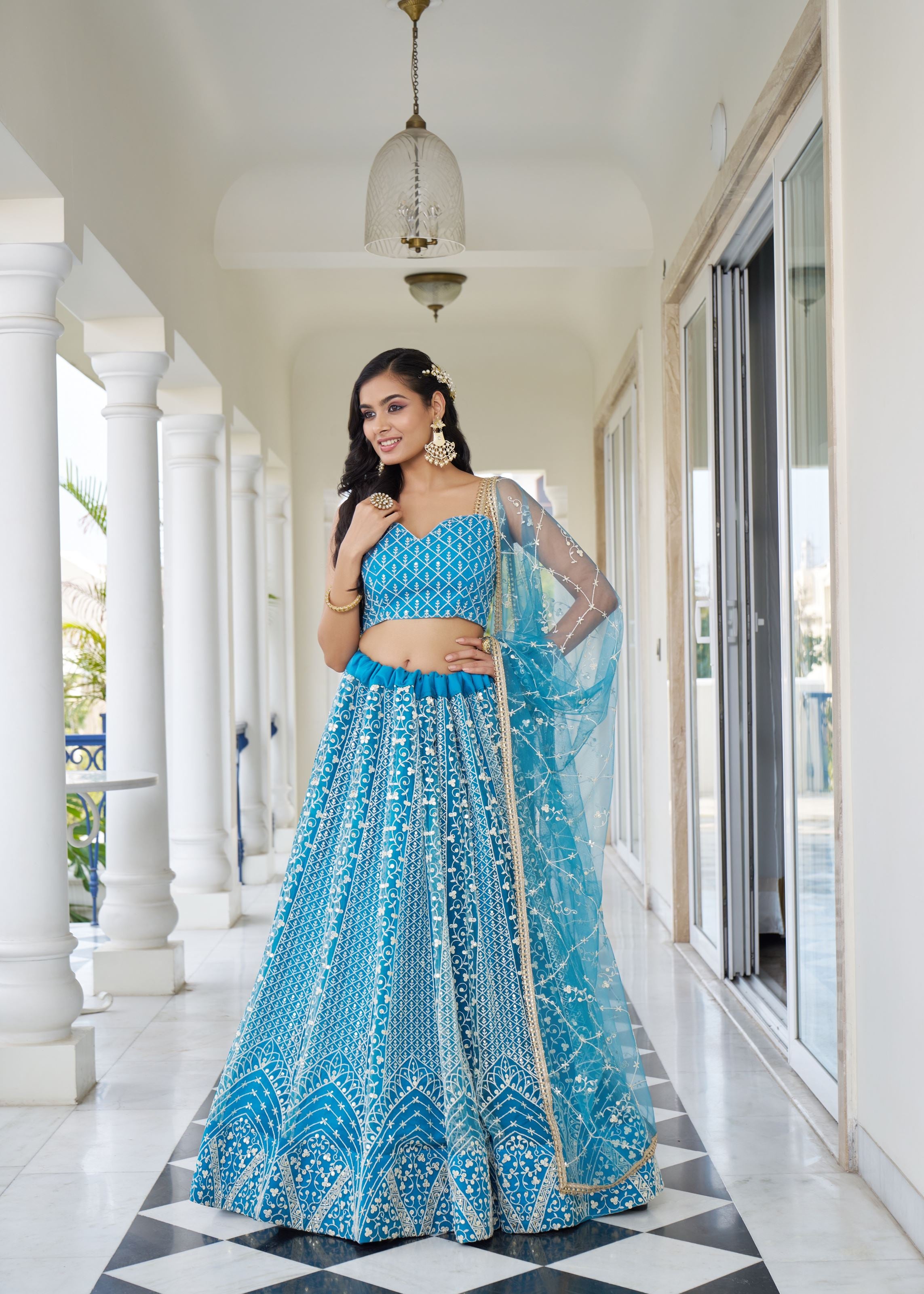 Sky Blue Net Lehenga Choli With Thread Embroidery Work