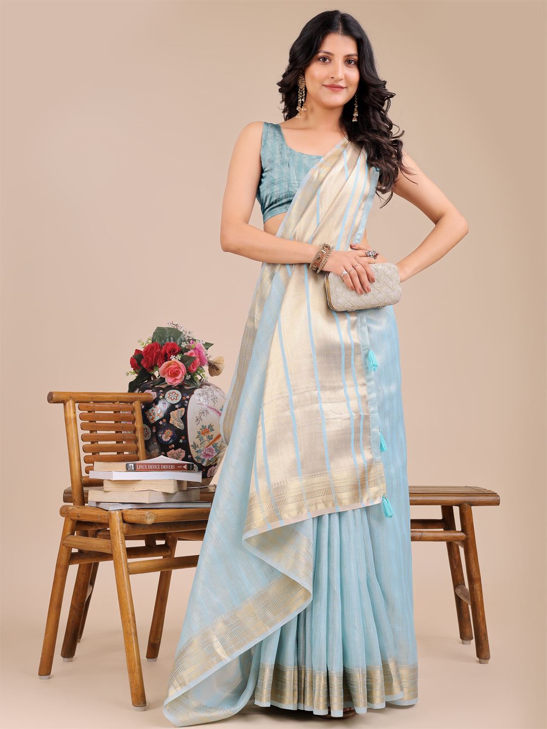 Sky Blue Organza Woven Designer Traditonal Wear Saree