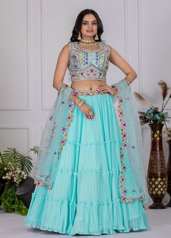 Sky Lehenga Choli With Embroidery With Multi Thread Sequence Work