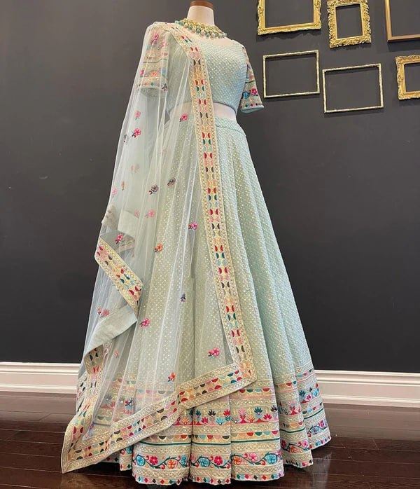 Sky Lehenga Choli With Thread and Sequence Embroidery Work