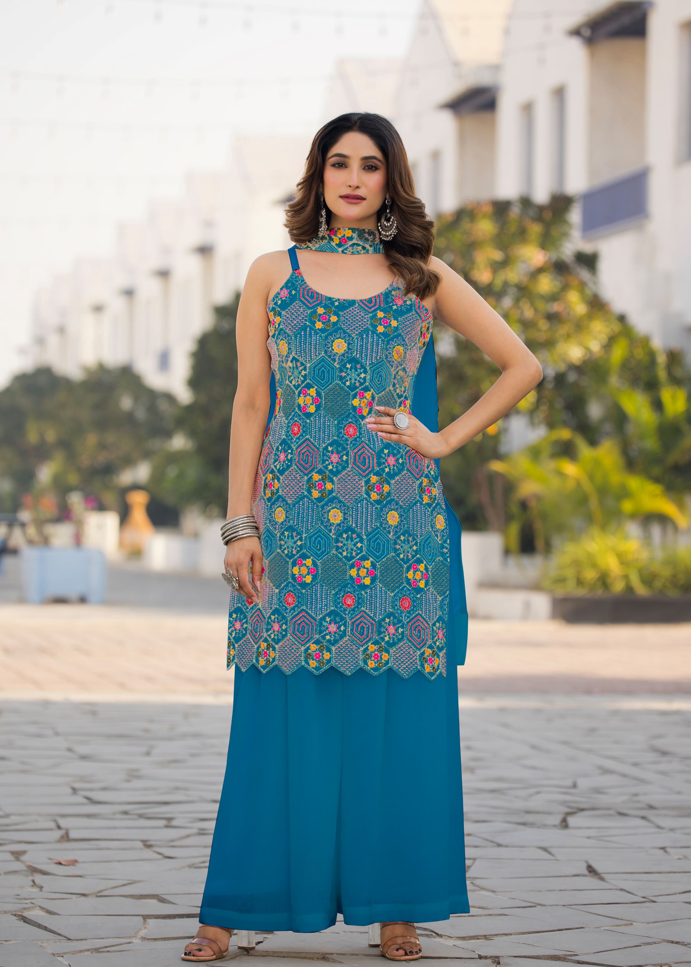 Sky Sharara Dress With Embroidery Work