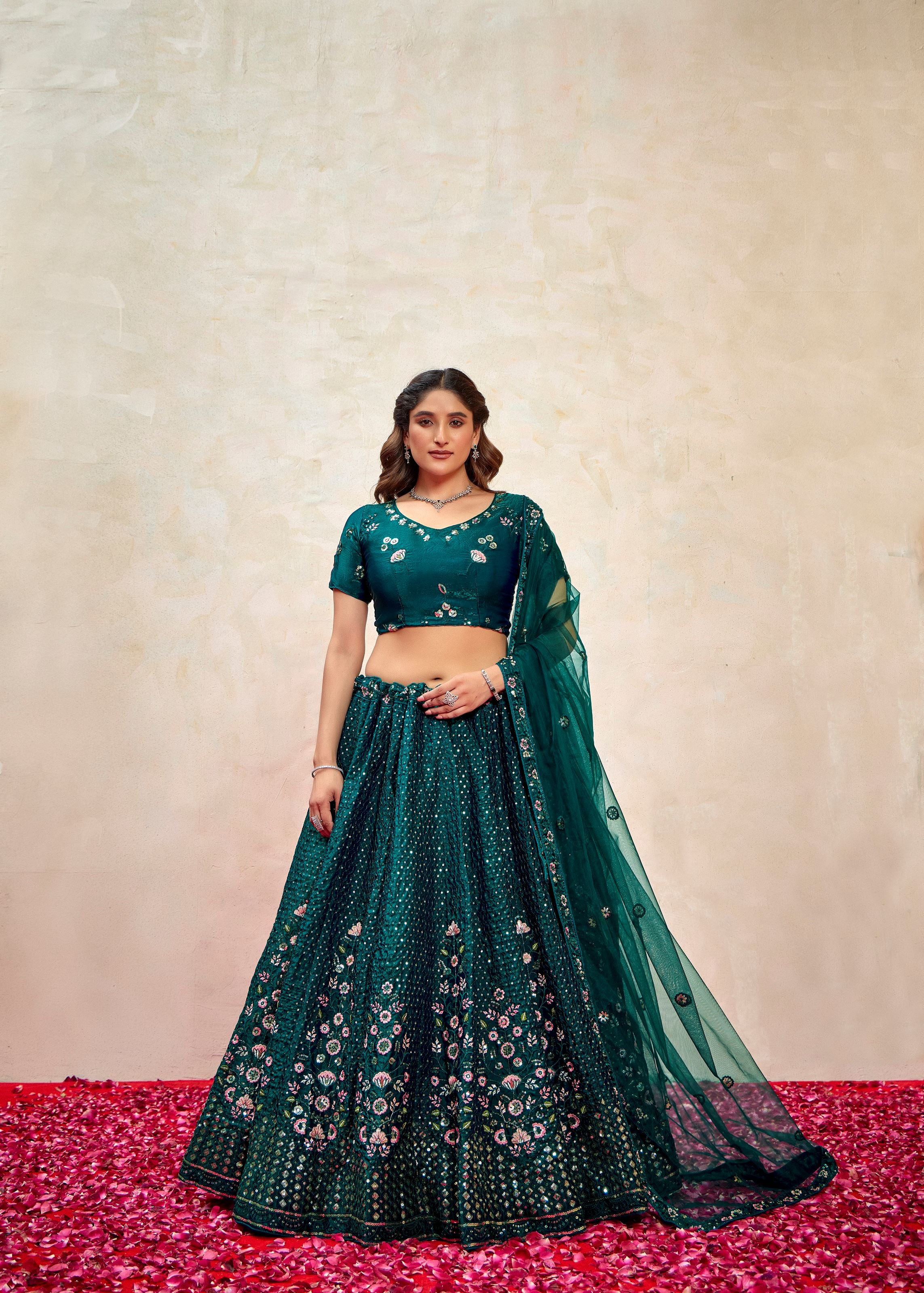 Teal Green Silk Lehenga with Bold Sequin Embroidery