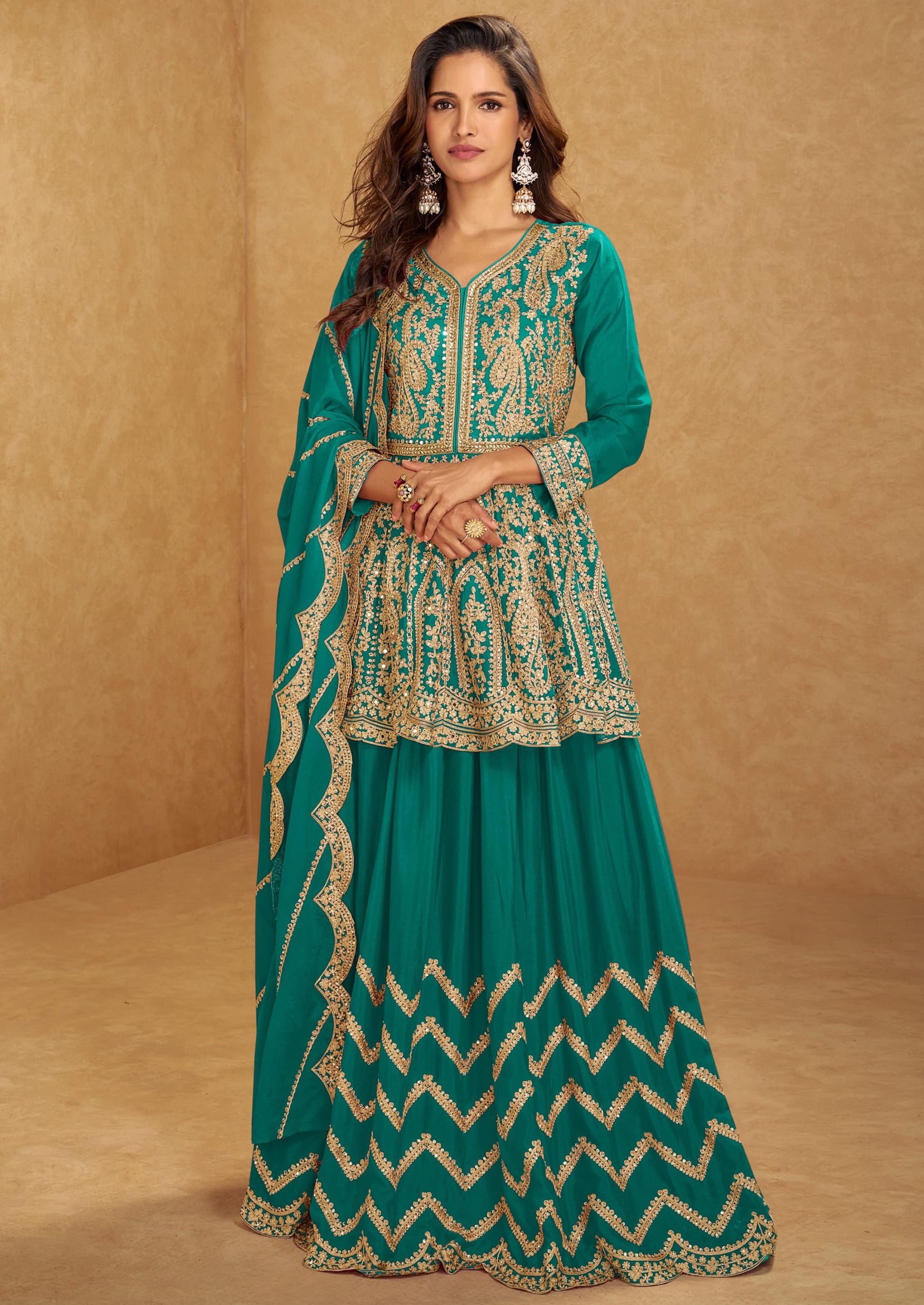 Teal Green Top-Lehenga With Embroidery, Khatli, Mirror and Hand Work (Free Size Stitched Upto 42)