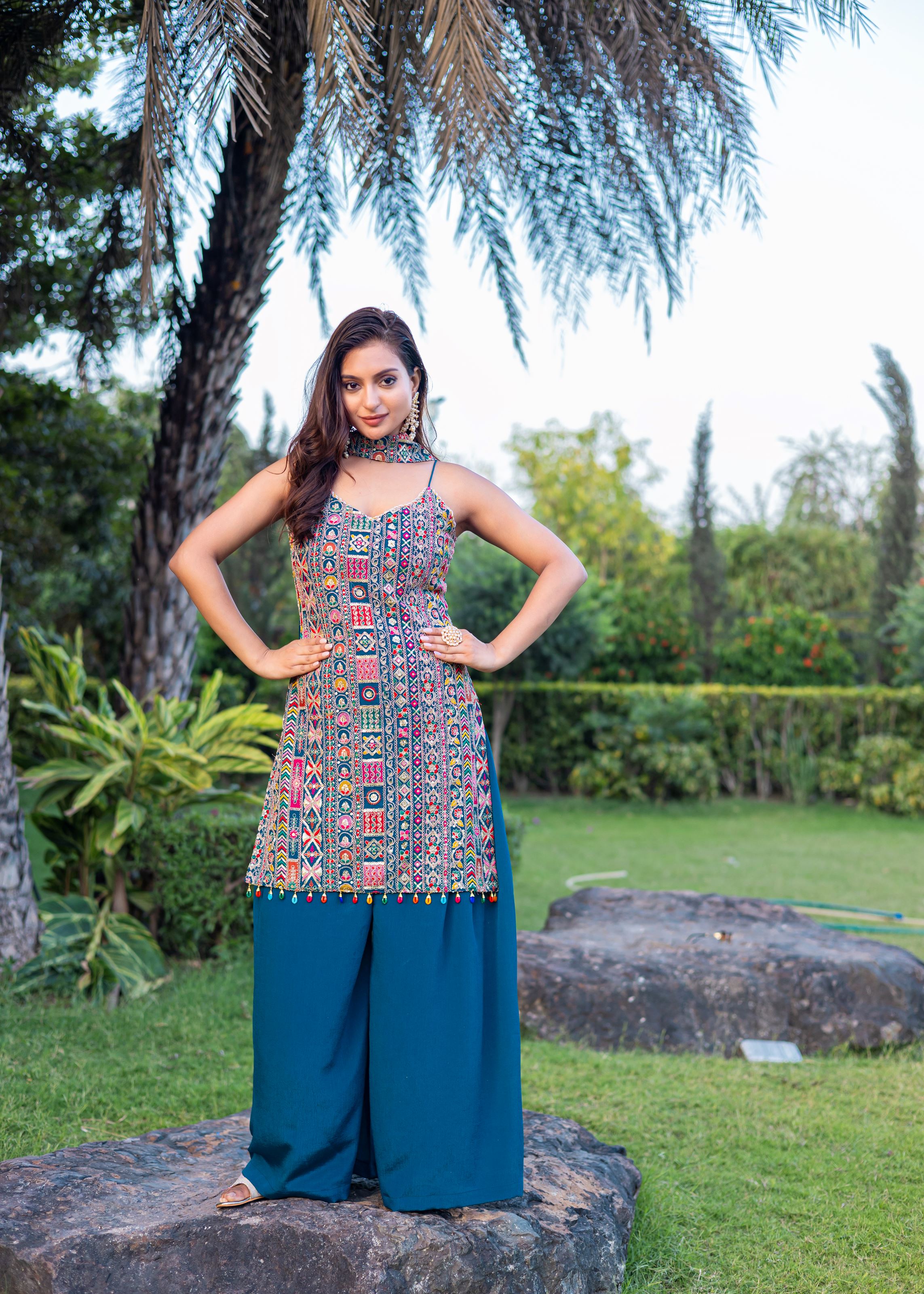Teal Sharara Dress With Embroidery Work