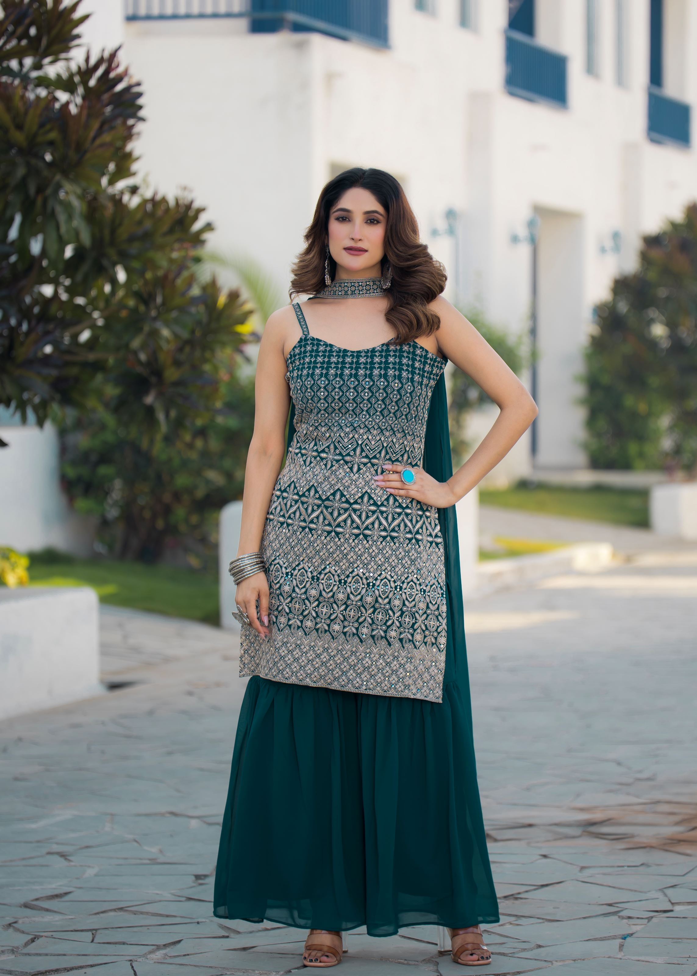 Teal Sharara Dress With Sequence Embroidered
