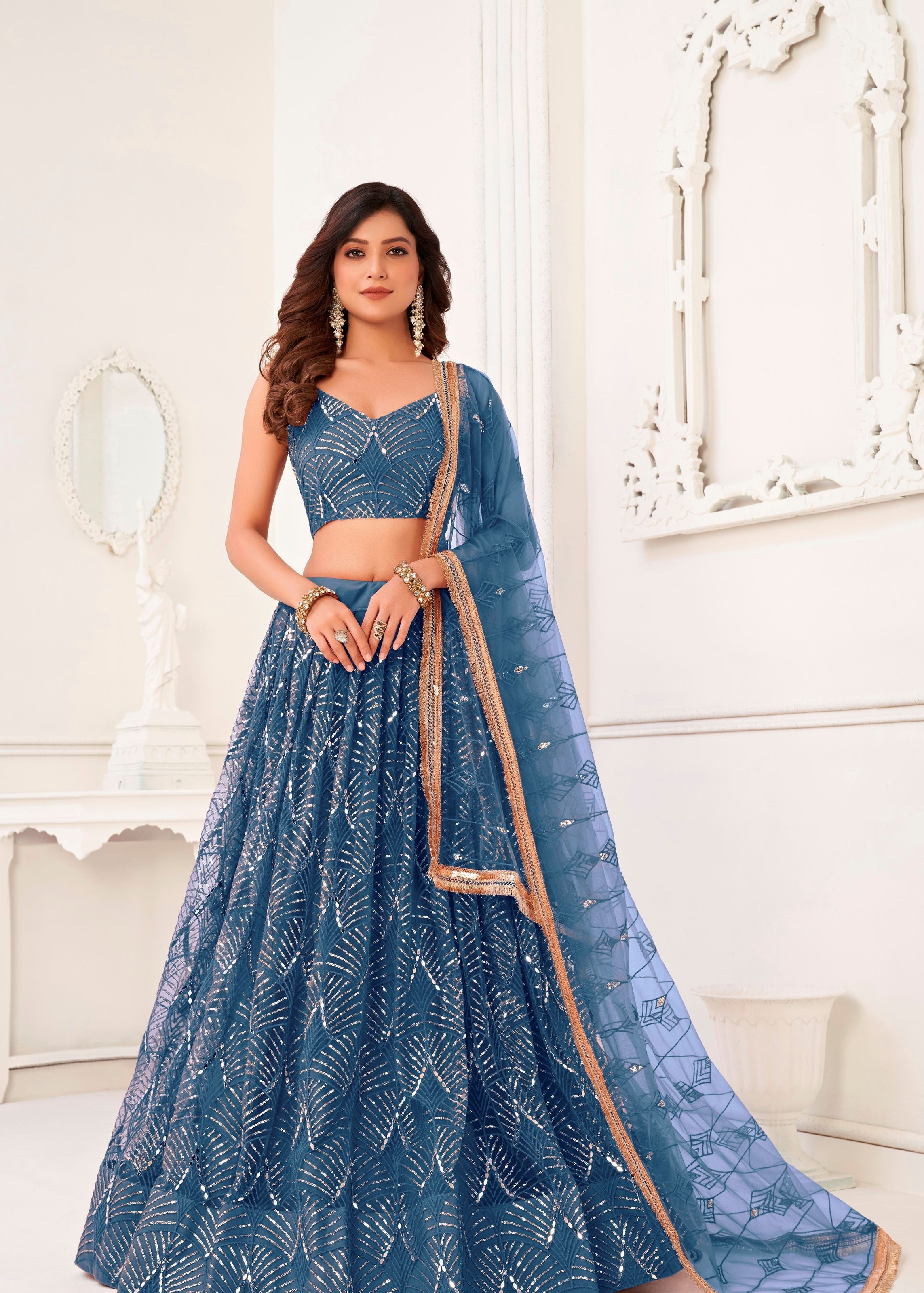 Turquoise Net Lehenga Choli With Thread Embroidery Real Mirror Work