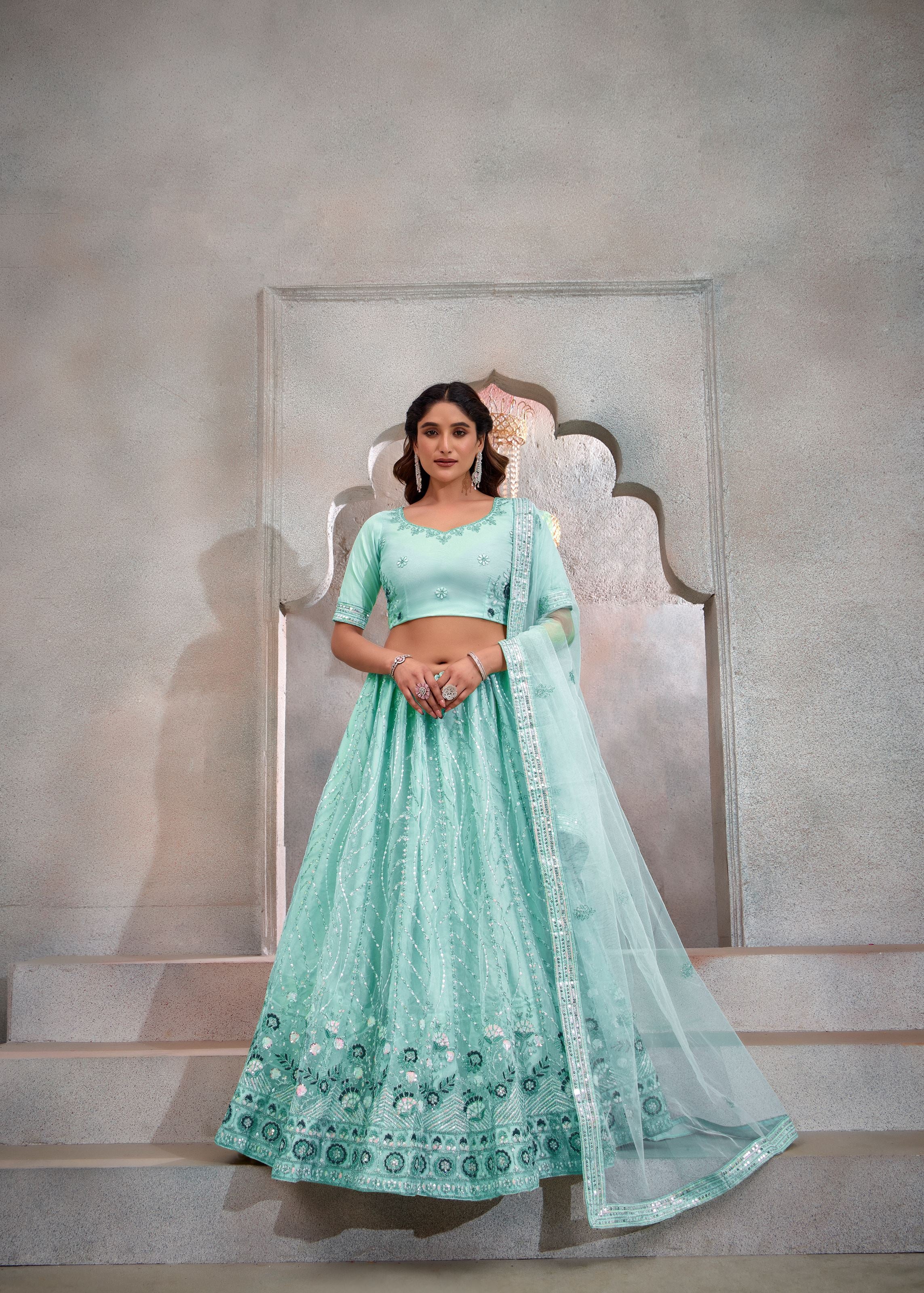 Turquoise Net Lehenga with Sequin Handwork
