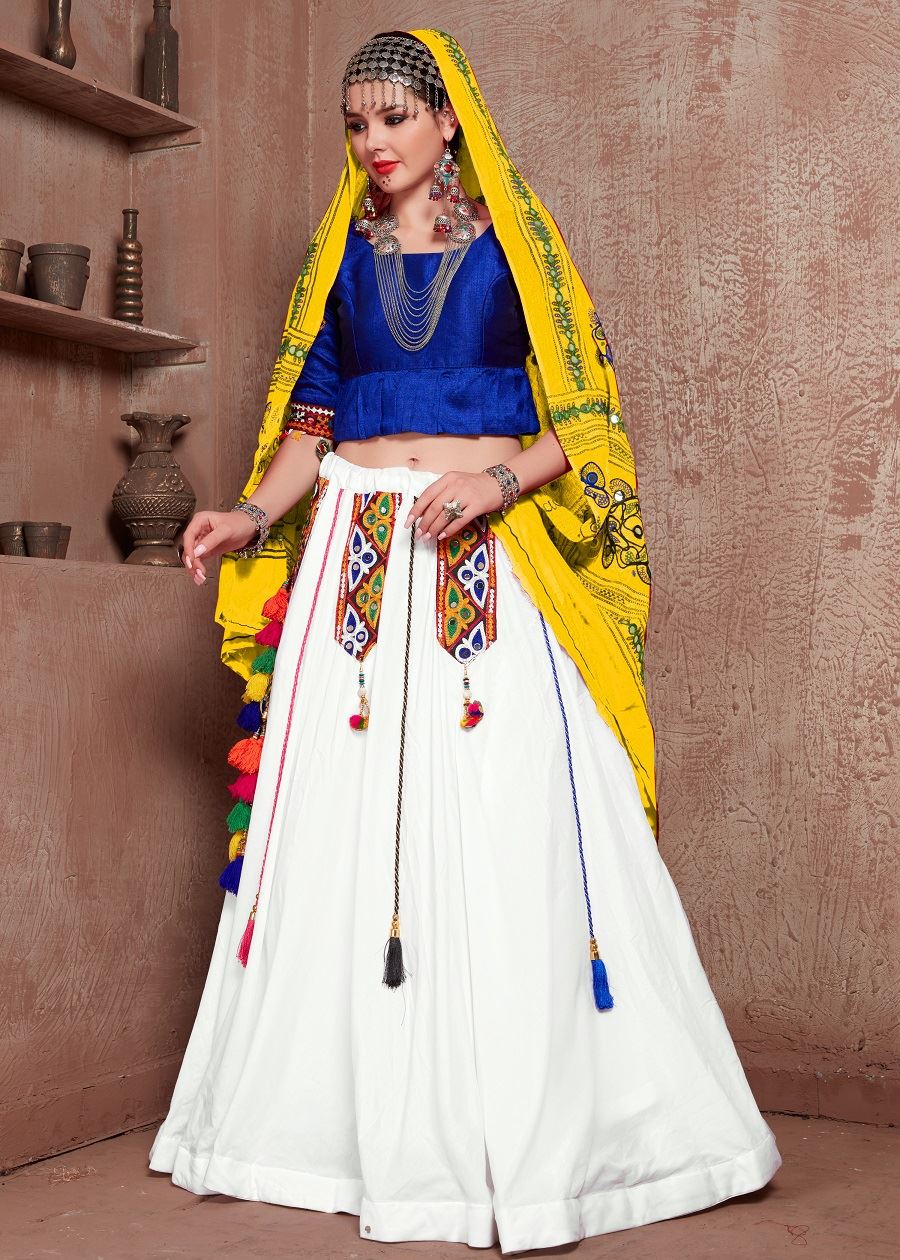 White And Blue Navratri Chaniya Choli With Gamthi Work Butta And Tassels Lace