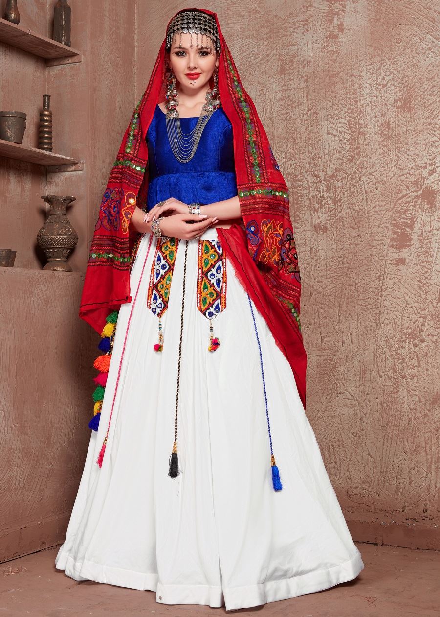 White And Blue Navratri Chaniya Choli With Gamthi Work Butta And Tassels Lace