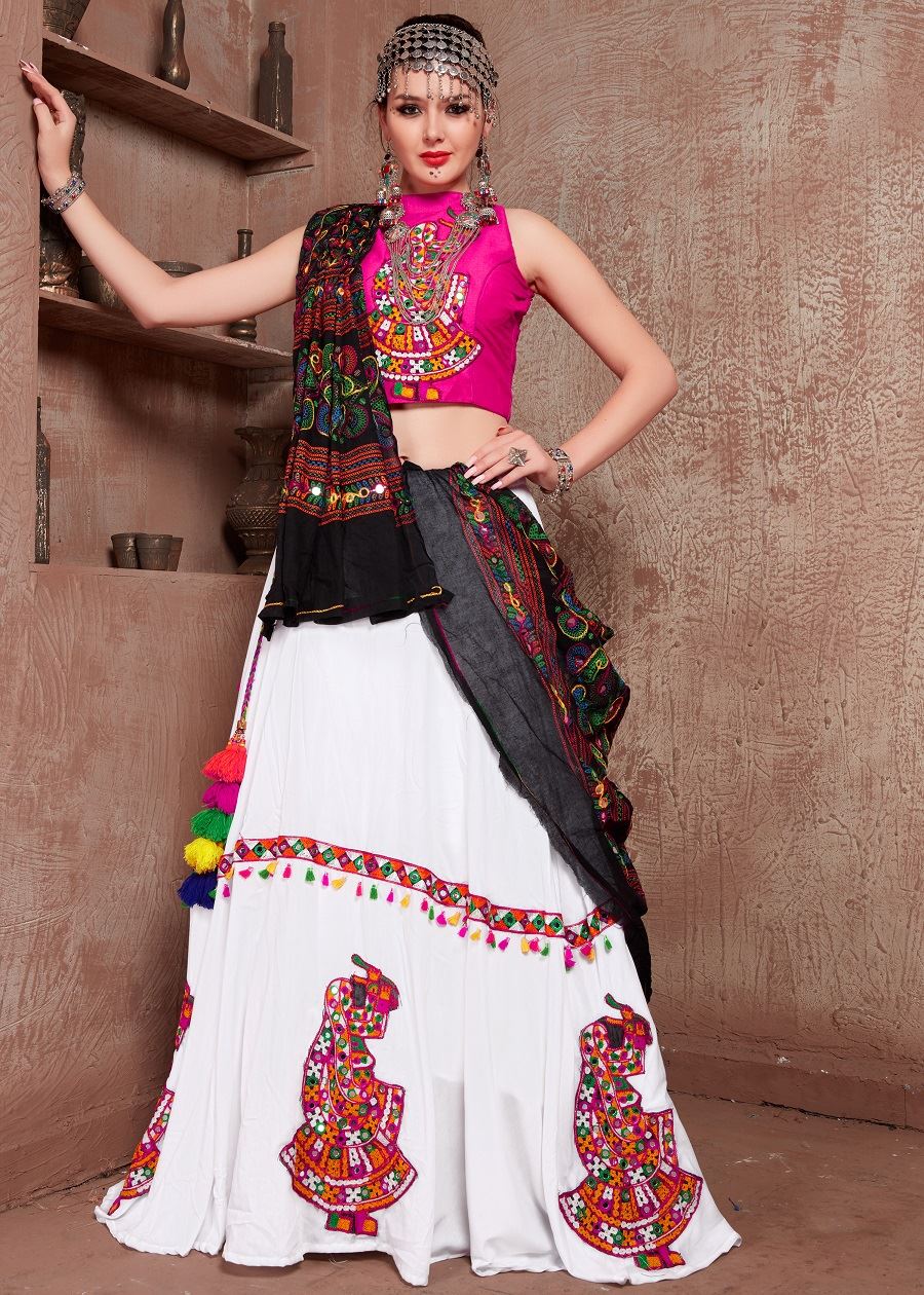 White And Pink Navratri Chaniya Choli With Gamthi Work Butta And Tassels Lace