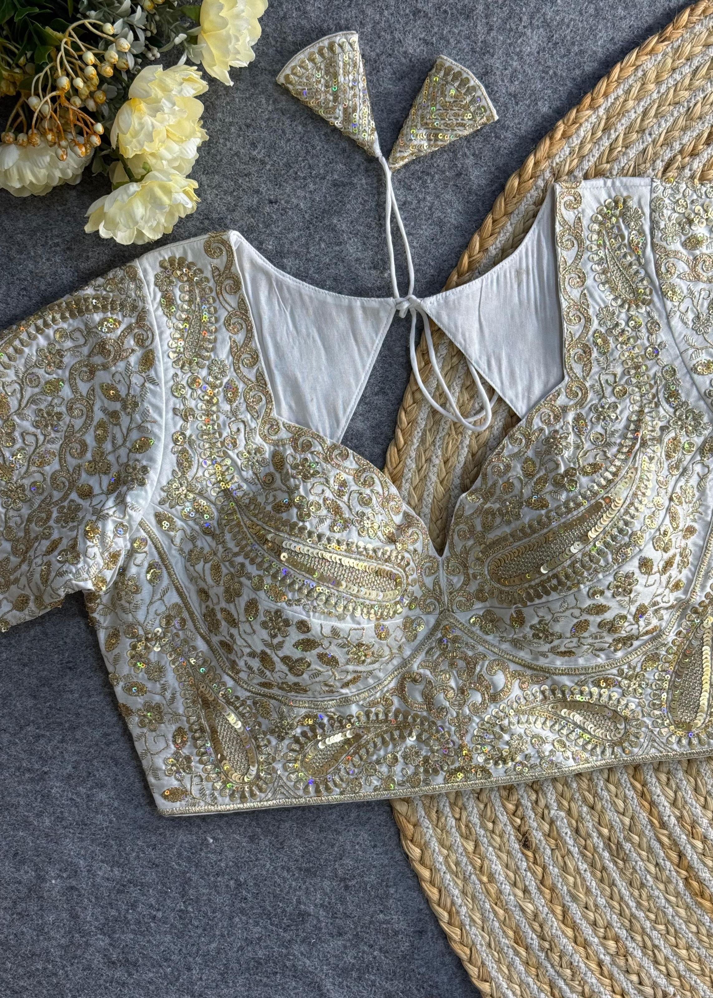 White Bridal Blouse with Deep V-Neck & Heavy Paisley Embroidery