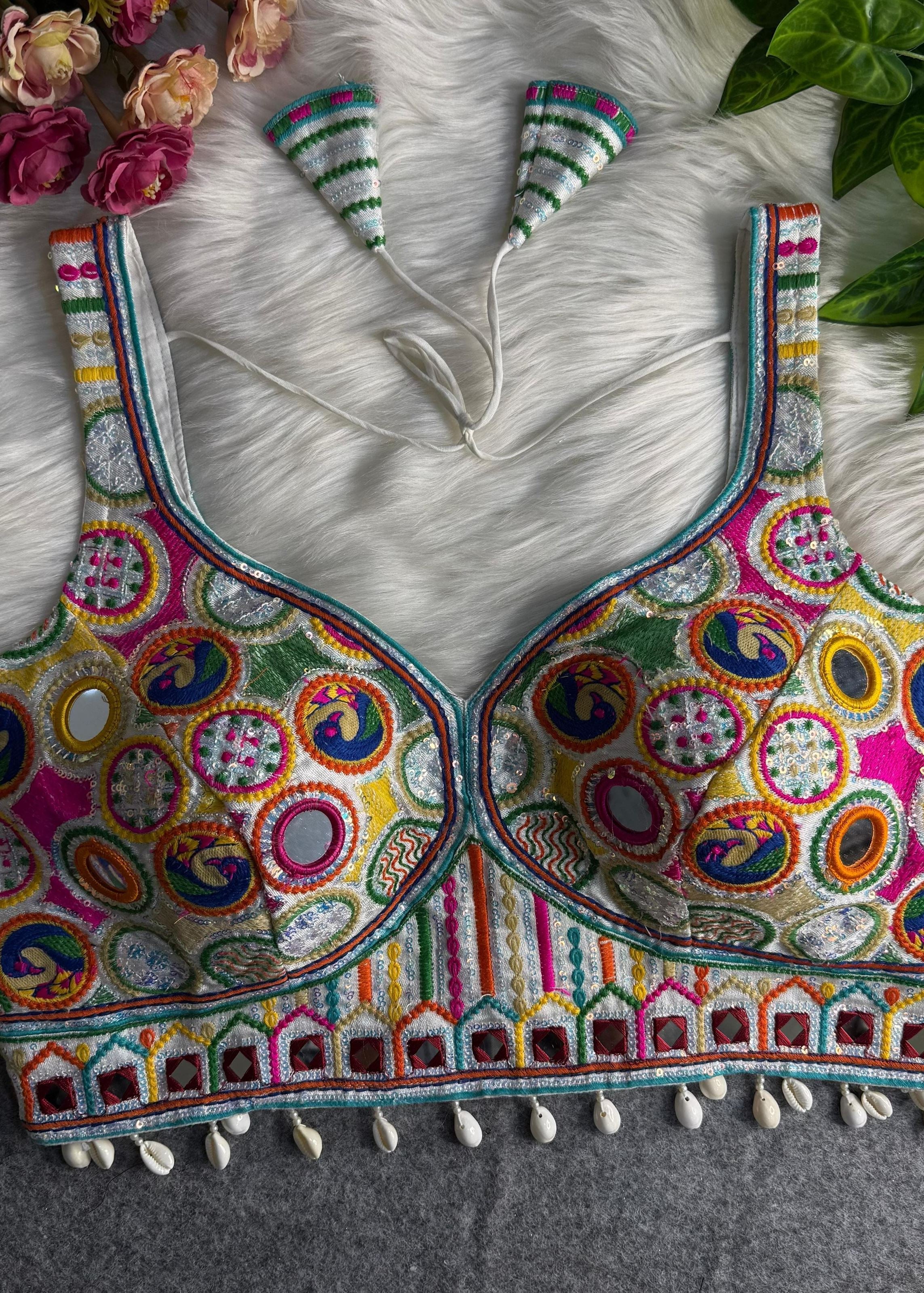 White Gamthi Navratri Blouse with Mirror Work Shell Tassels