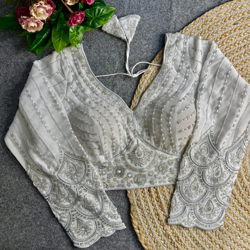 White Georgette Blouse with Heavy Thread Embroidery Sequins Work