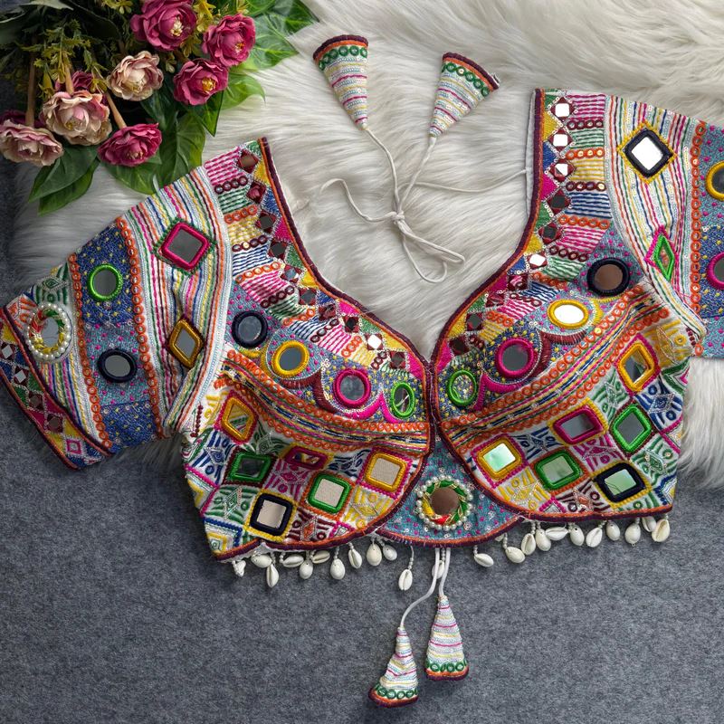 White Navratri Blouse With Real Muliti Mirror Kodi Work