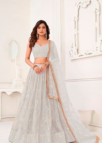 White Net Lehenga Choli With Thread Embroidery Real Mirror Work