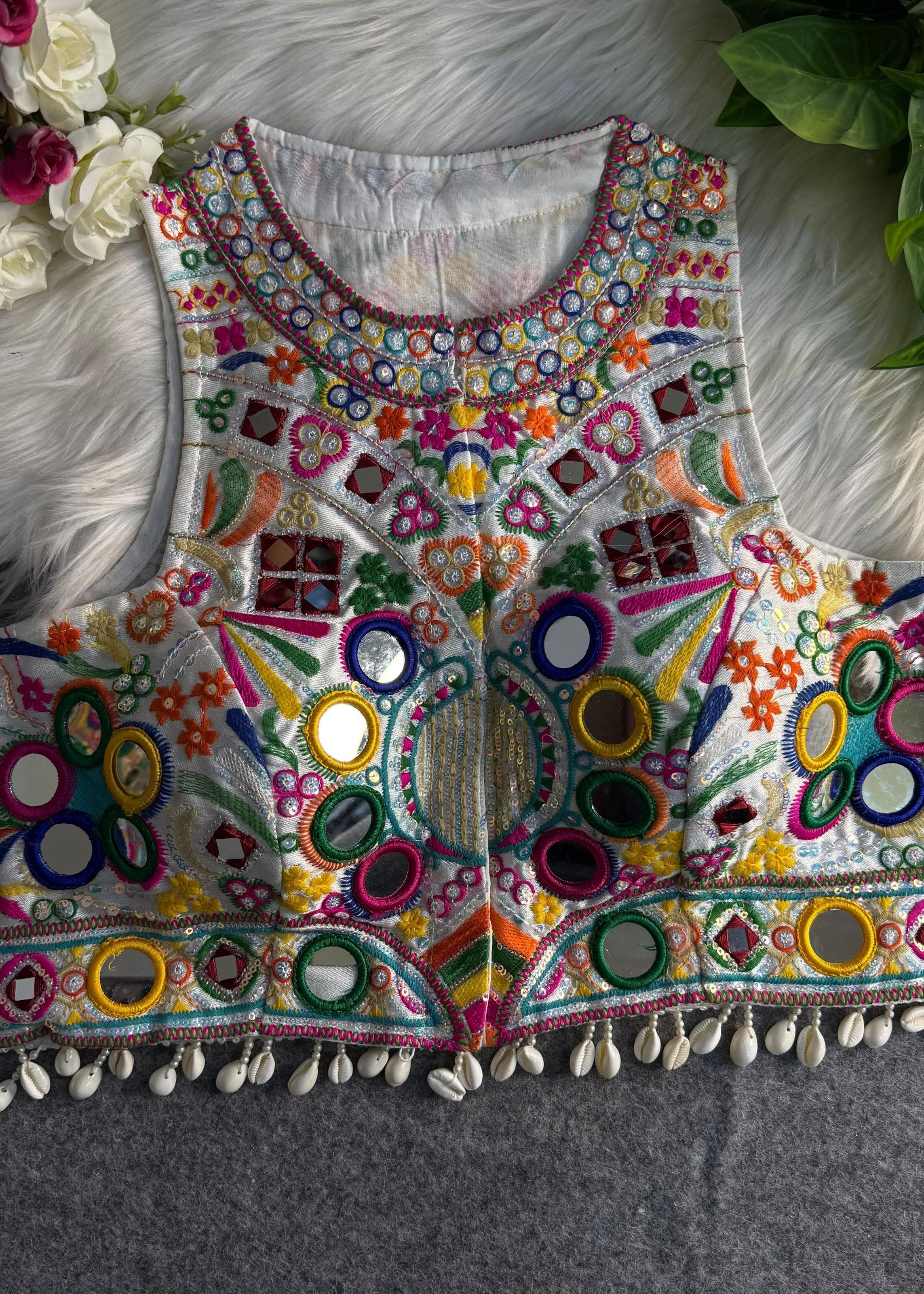 White Round Neck Navratri Blouse with GamthiMirror Shell Work