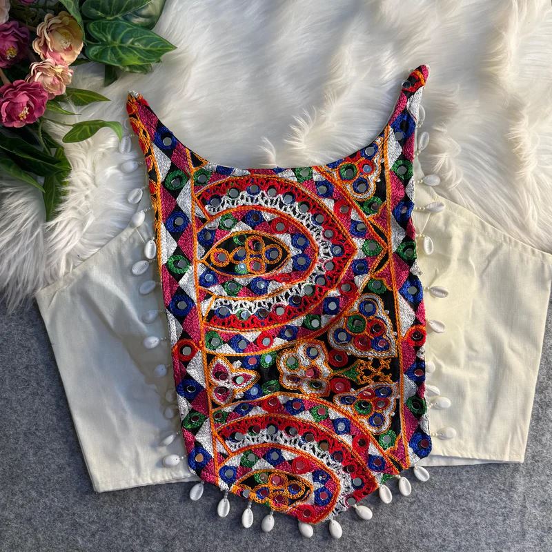 White Spaghetti Blouse With Real Shell Handwork