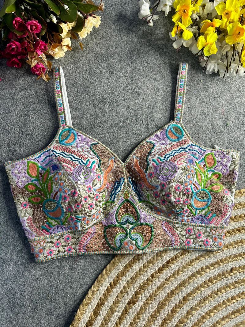 White Vibrant Boho Spaghetti Blouse with Mirror & Thread Work