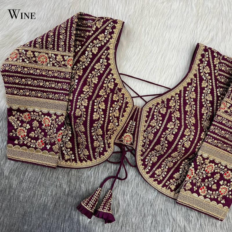 Wine Beautiful Long Sleeves Backless Bridal Blouse With Embroidery Sequins Work