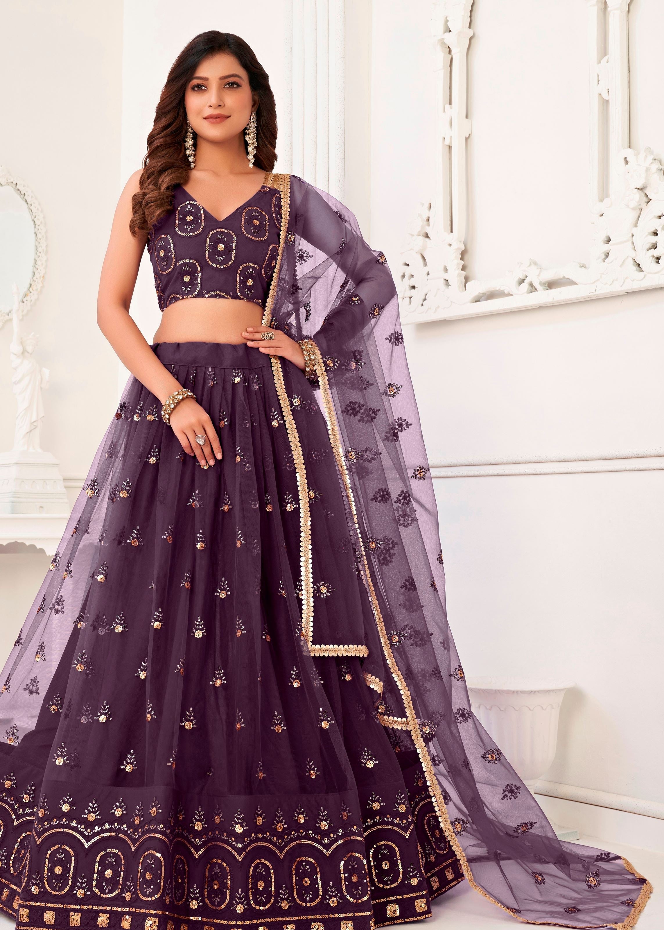 Wine Butterfly Net Lehenga Choli With Thread And Zari Sandwich Sequence Embroidery Work